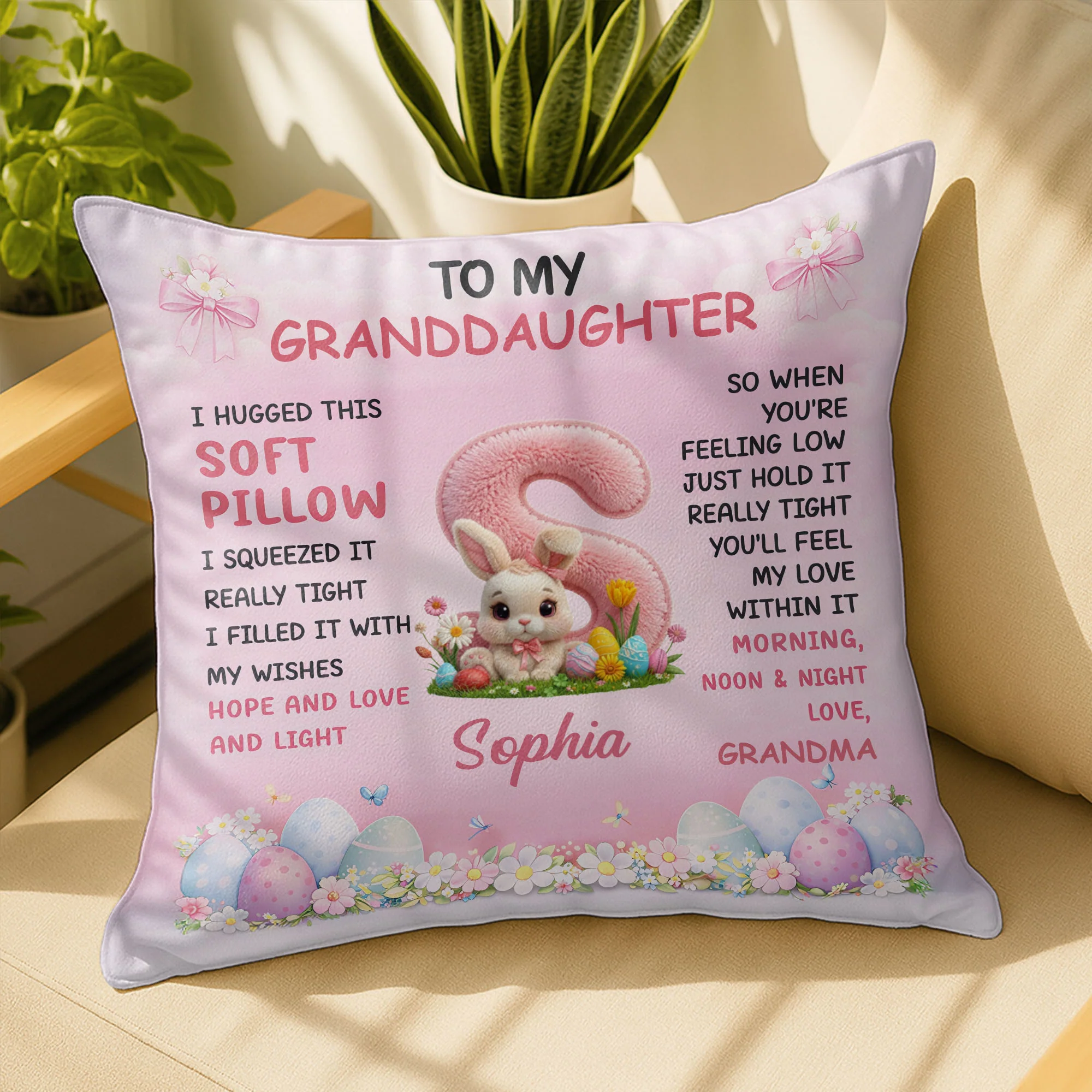 To My Granddaughter Hugged Soft Pillow With Easter Bunny And Eggs - Personalized Custom Pillow, Insert Included - GDT659_PLW - Image 7