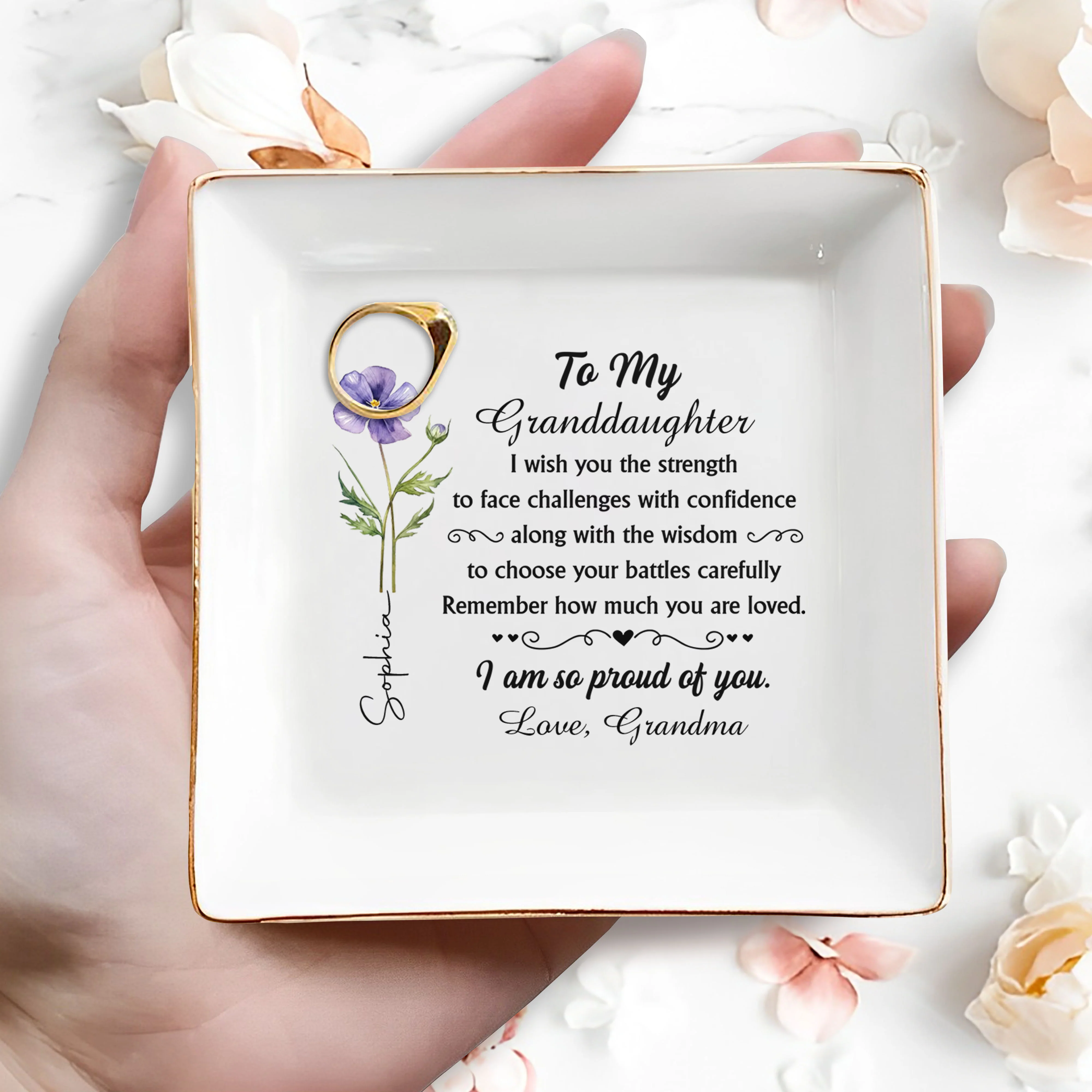 To My Granddaughter I Wish You Strength Purple Flower Design - Personalized Custom Jewelry Dish, Square Ceramic Dish - GDT661_SCRD - Image 2
