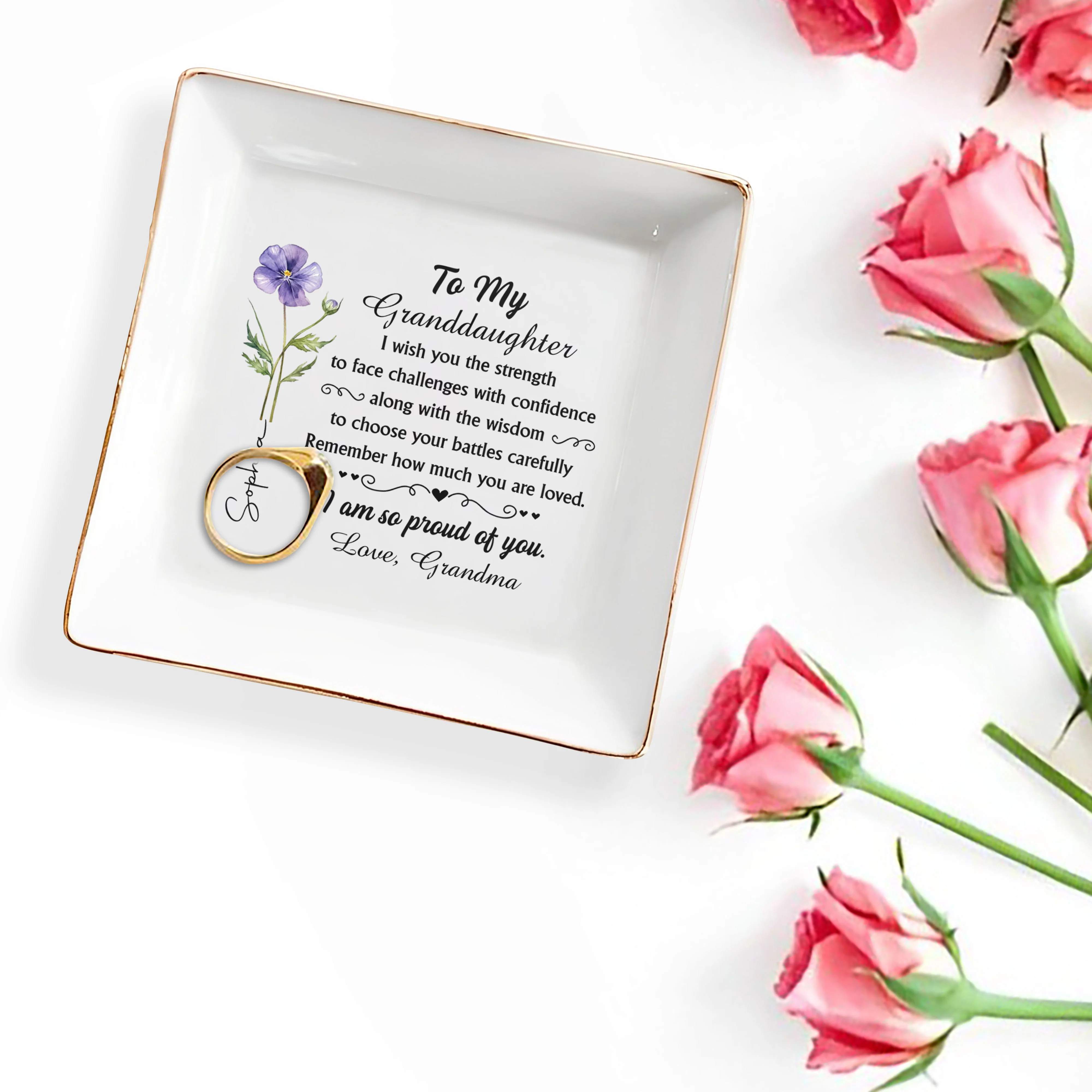 To My Granddaughter I Wish You Strength Purple Flower Design - Personalized Custom Jewelry Dish, Square Ceramic Dish - GDT661_SCRD - Image 3