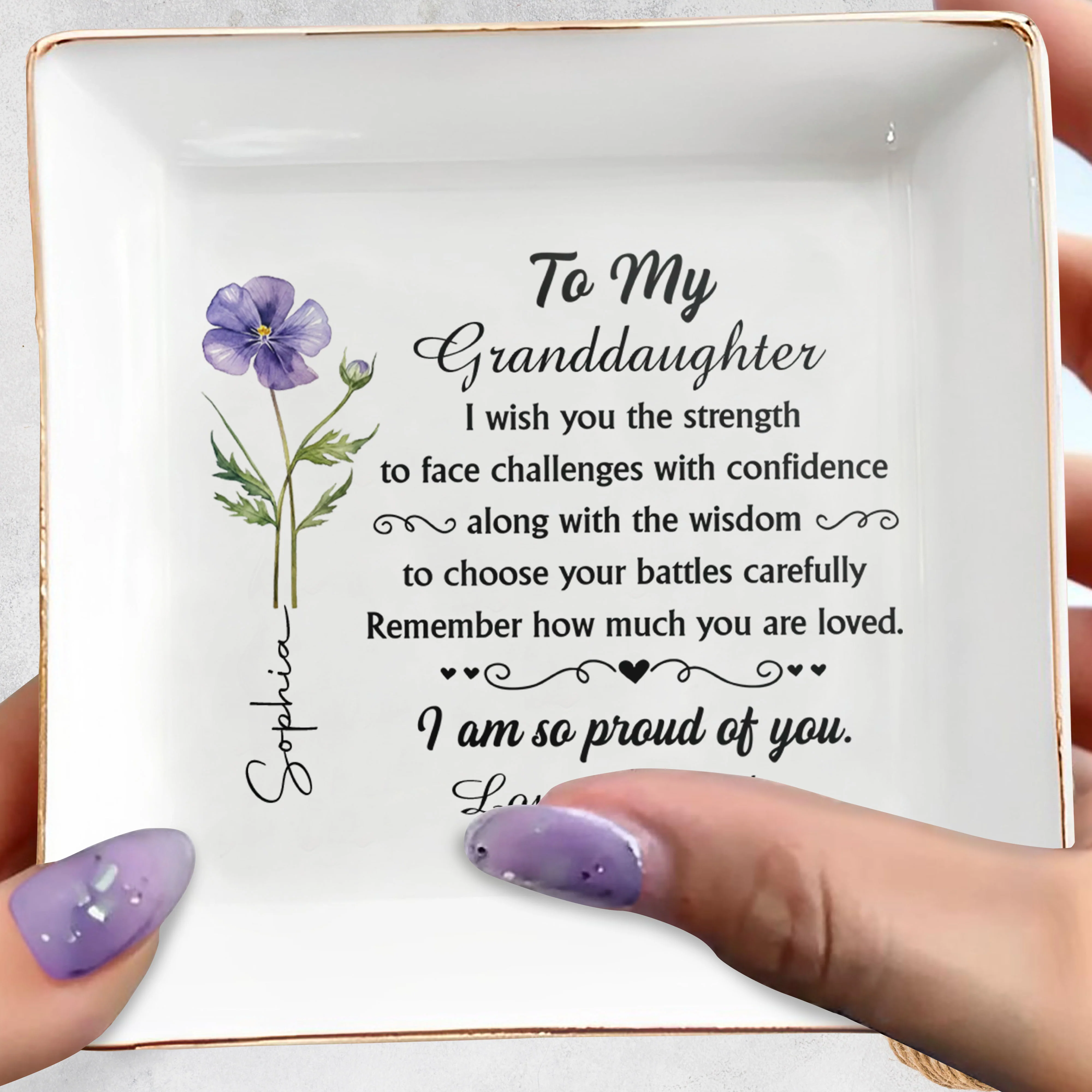 To My Granddaughter I Wish You Strength Purple Flower Design - Personalized Custom Jewelry Dish, Square Ceramic Dish - GDT661_SCRD - Image 5