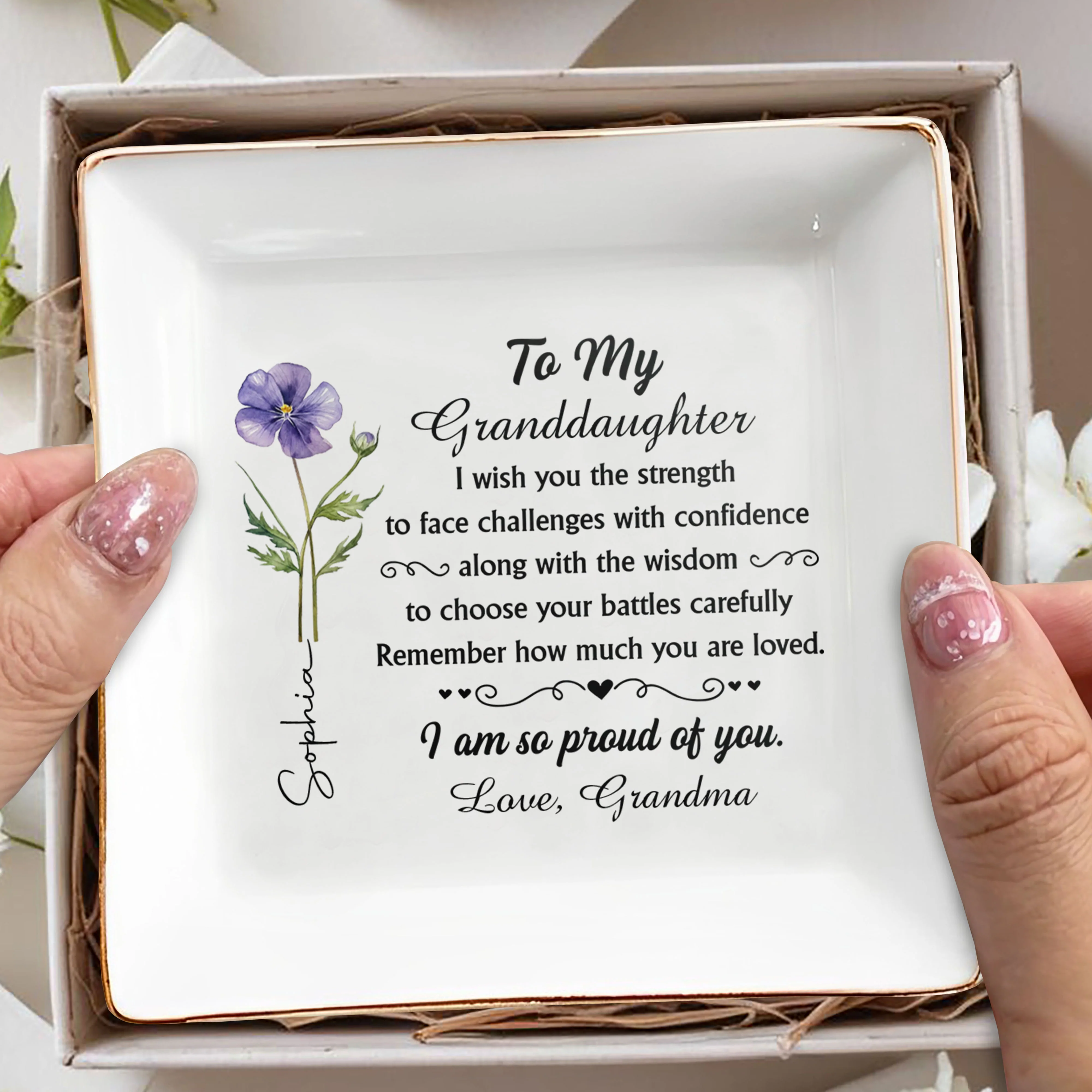 To My Granddaughter I Wish You Strength Purple Flower Design - Personalized Custom Jewelry Dish, Square Ceramic Dish - GDT661_SCRD - Image 7