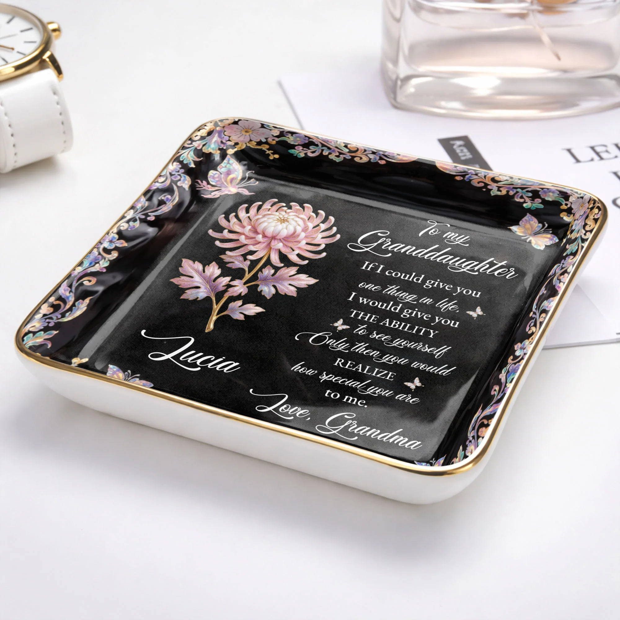 To My Granddaughter If I Could Give You Flower And Butterfly Jewelry Dish - Personalized Custom Jewelry Dish, Ceramic Dish, Square Shape - GDT660_SCRF - Image 5