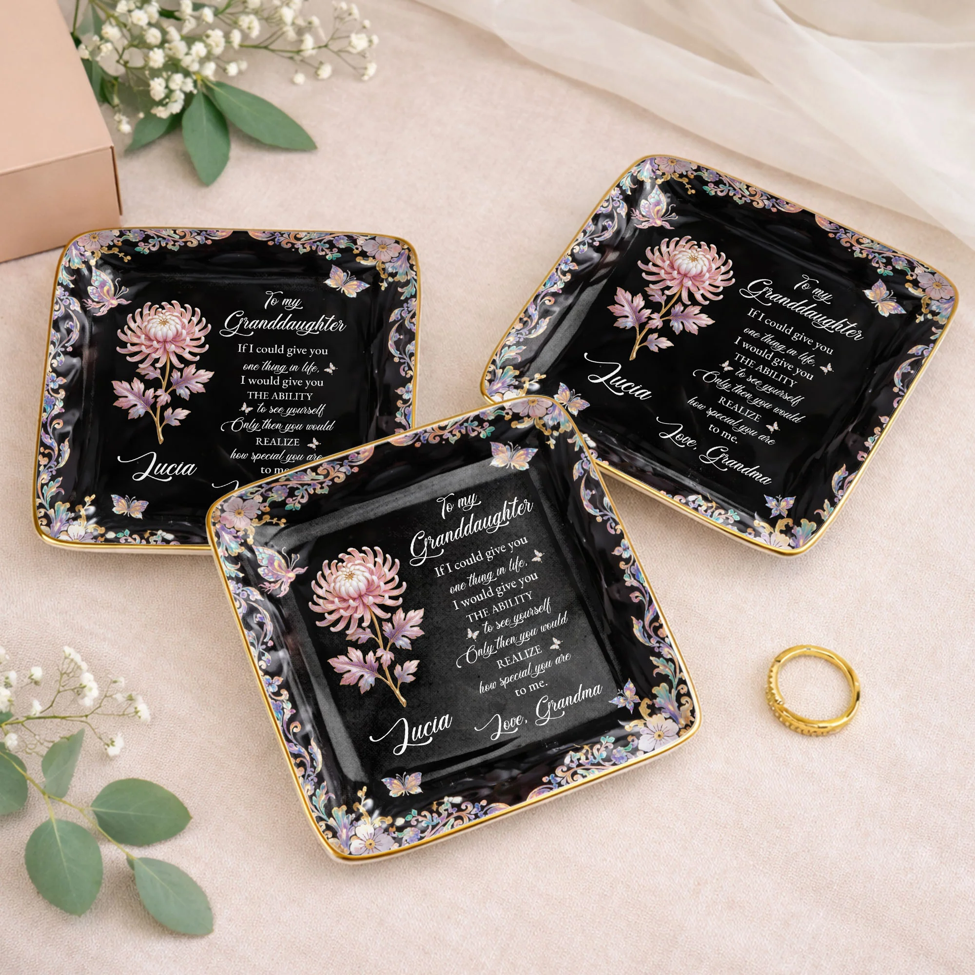 To My Granddaughter If I Could Give You Flower And Butterfly Jewelry Dish - Personalized Custom Jewelry Dish, Ceramic Dish, Square Shape - GDT660_SCRF - Image 6