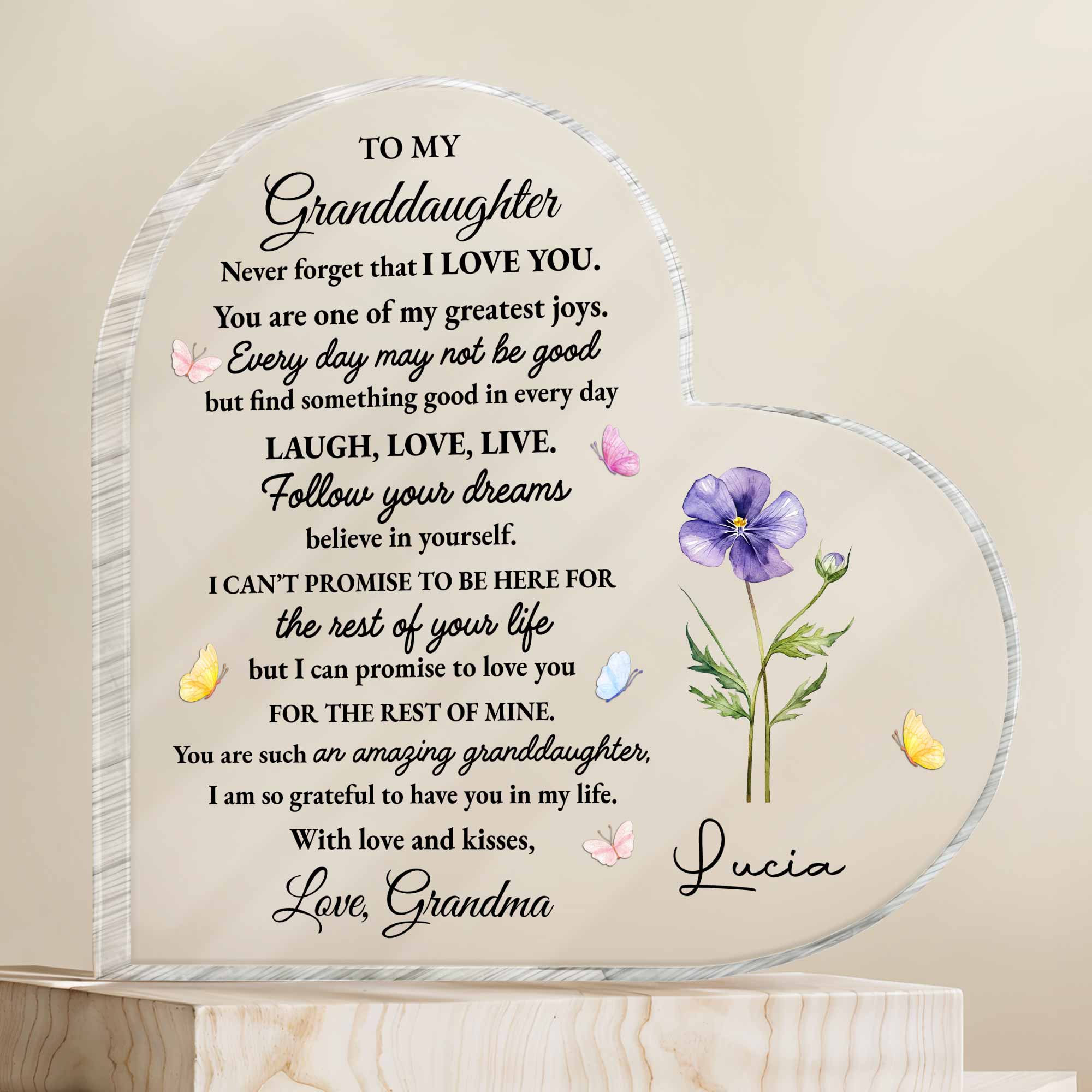 To My Granddaughter Never Forget That I Love You Butterflies Flower - Personalized Heart Shaped Acrylic Plaque - GDT614_HAP - Image 5