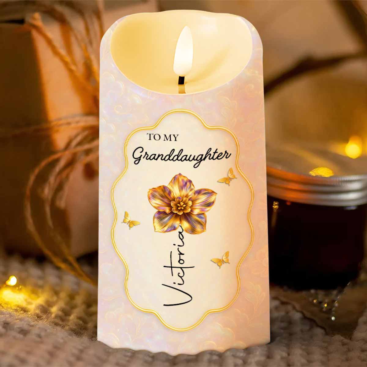 To My Granddaughter Never Forget That I Love You Flower Butterfly - Personalized Custom LED Candle - GDT625_LECA - Image 3