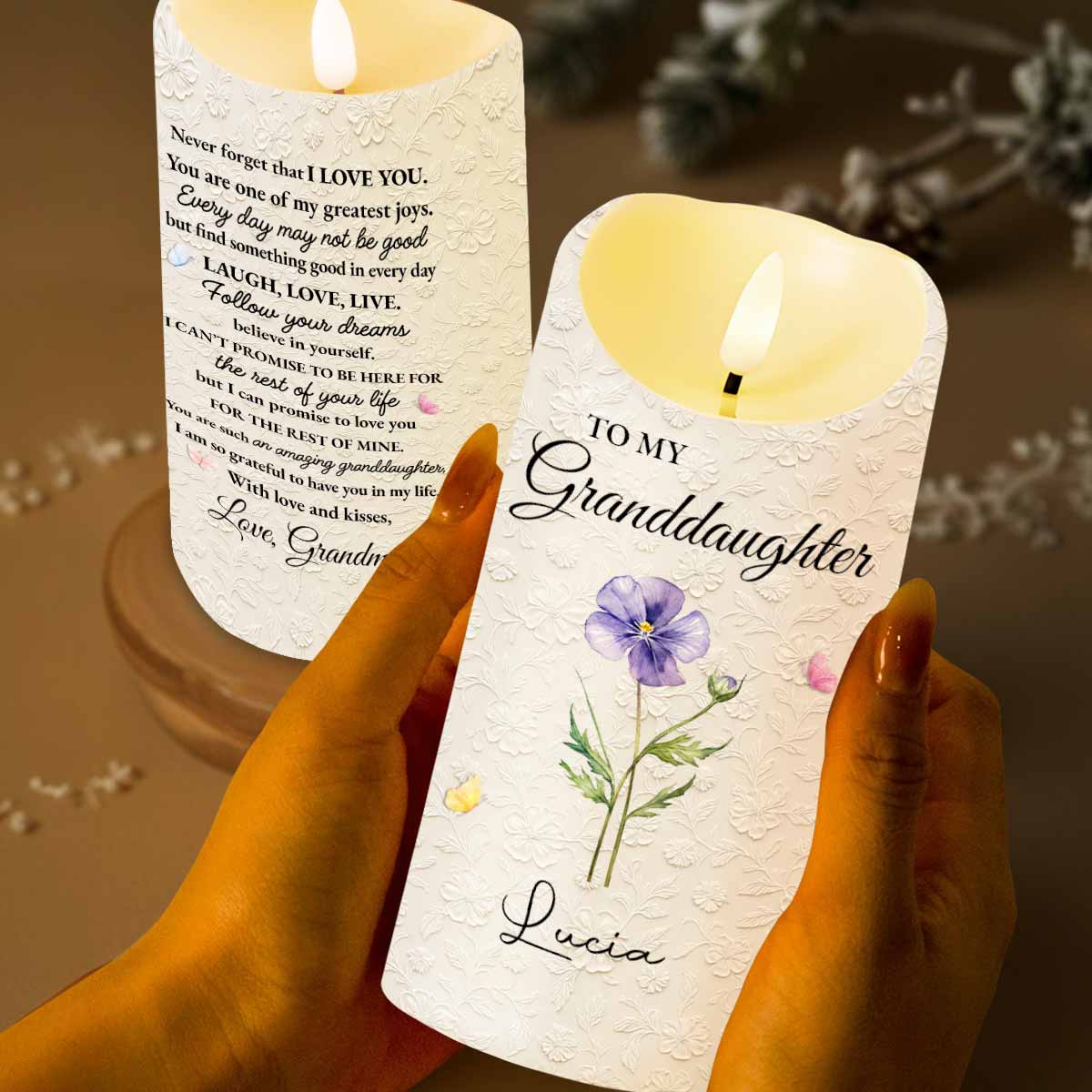 To My Granddaughter Never Forget That I Love You Flowers - Personalized Custom LED Candle - GDT614_LECA - Image 2