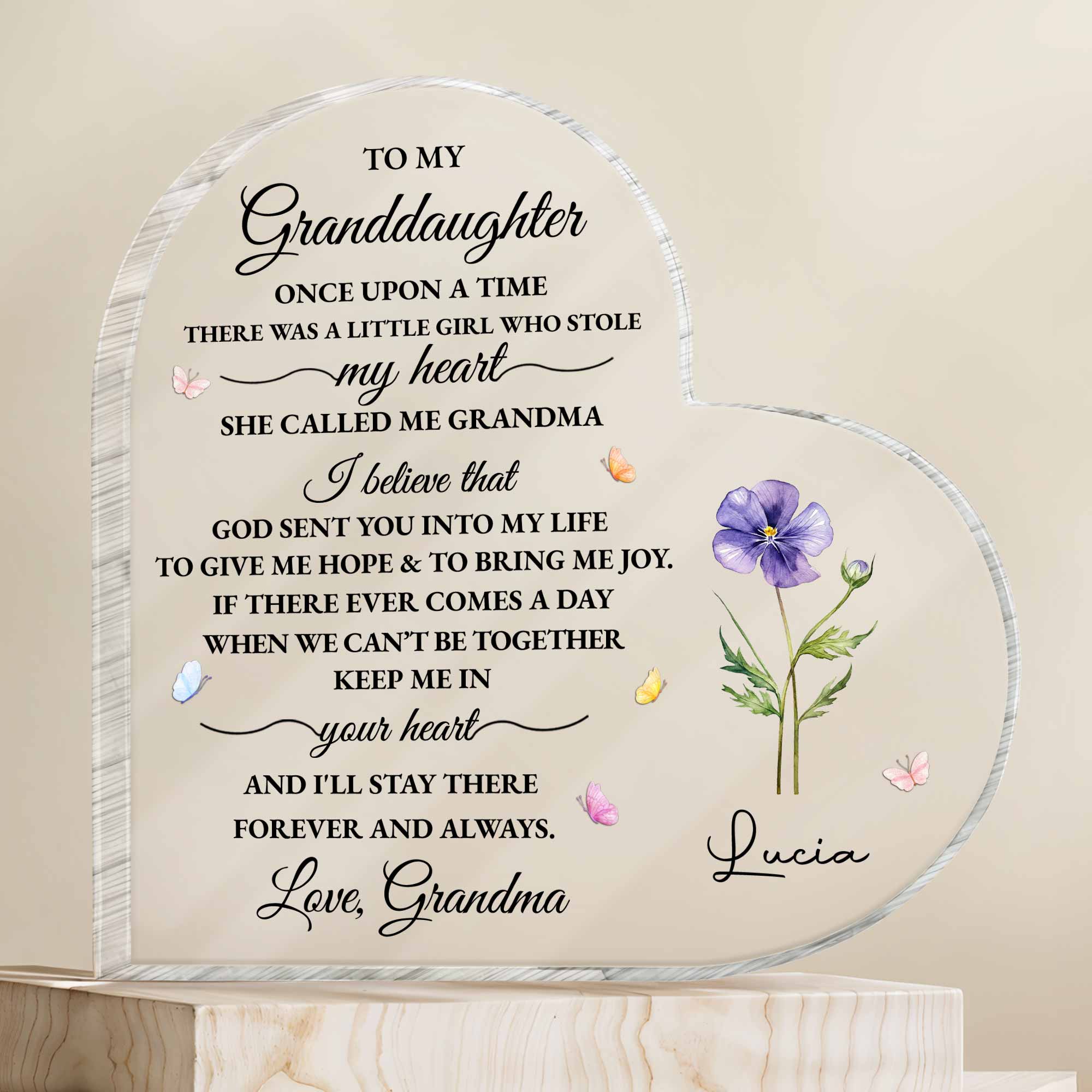To My Granddaughter Once Upon A Time Flower And Butterfly Heart - Personalized Heart Shaped Acrylic Plaque - GDT613_HAP - Image 6