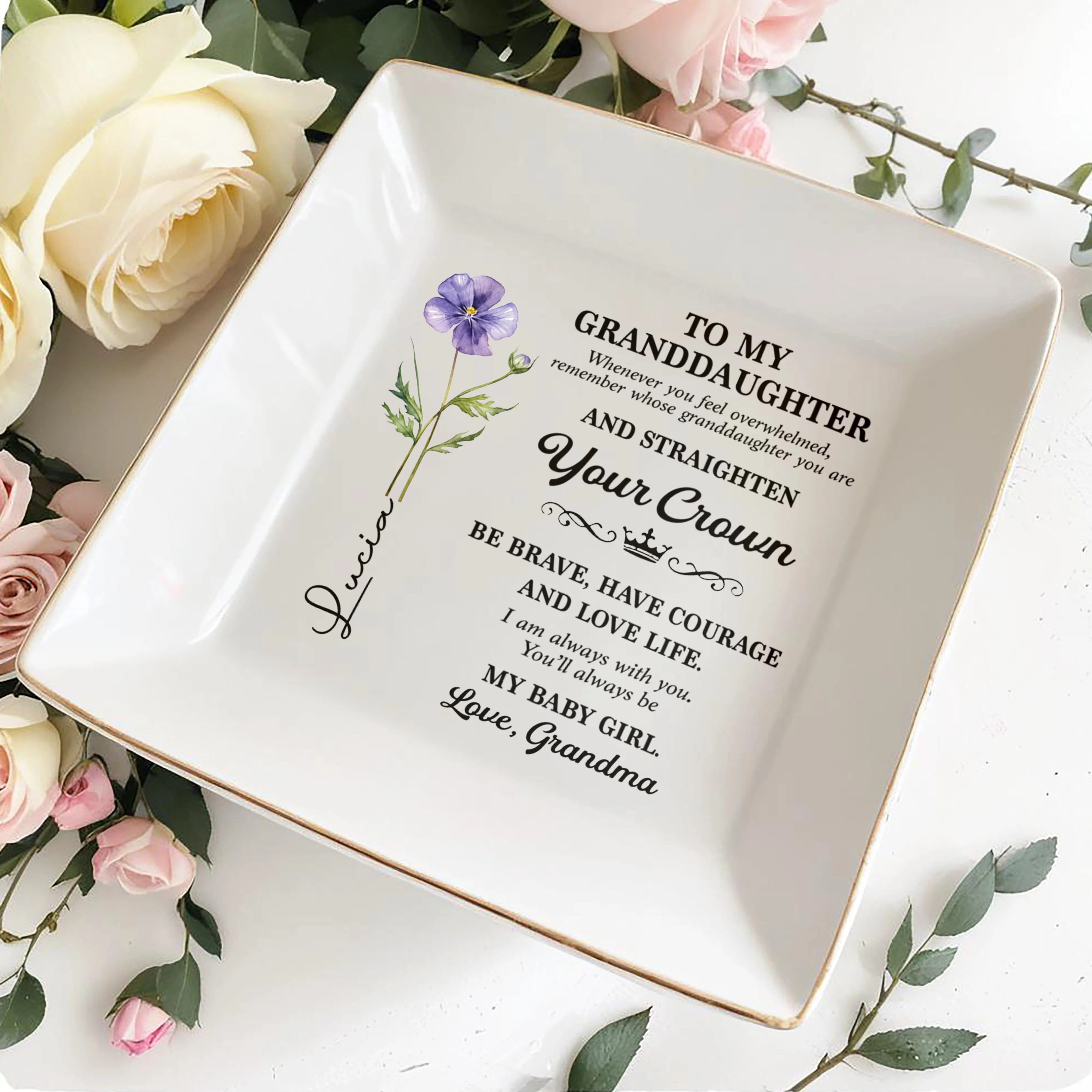 To My Granddaughter Straighten Your Crown Birth Month Flower - Personalized Custom Jewelry Dish, Square Ceramic Dish - GDT662_SCRD - Image 4