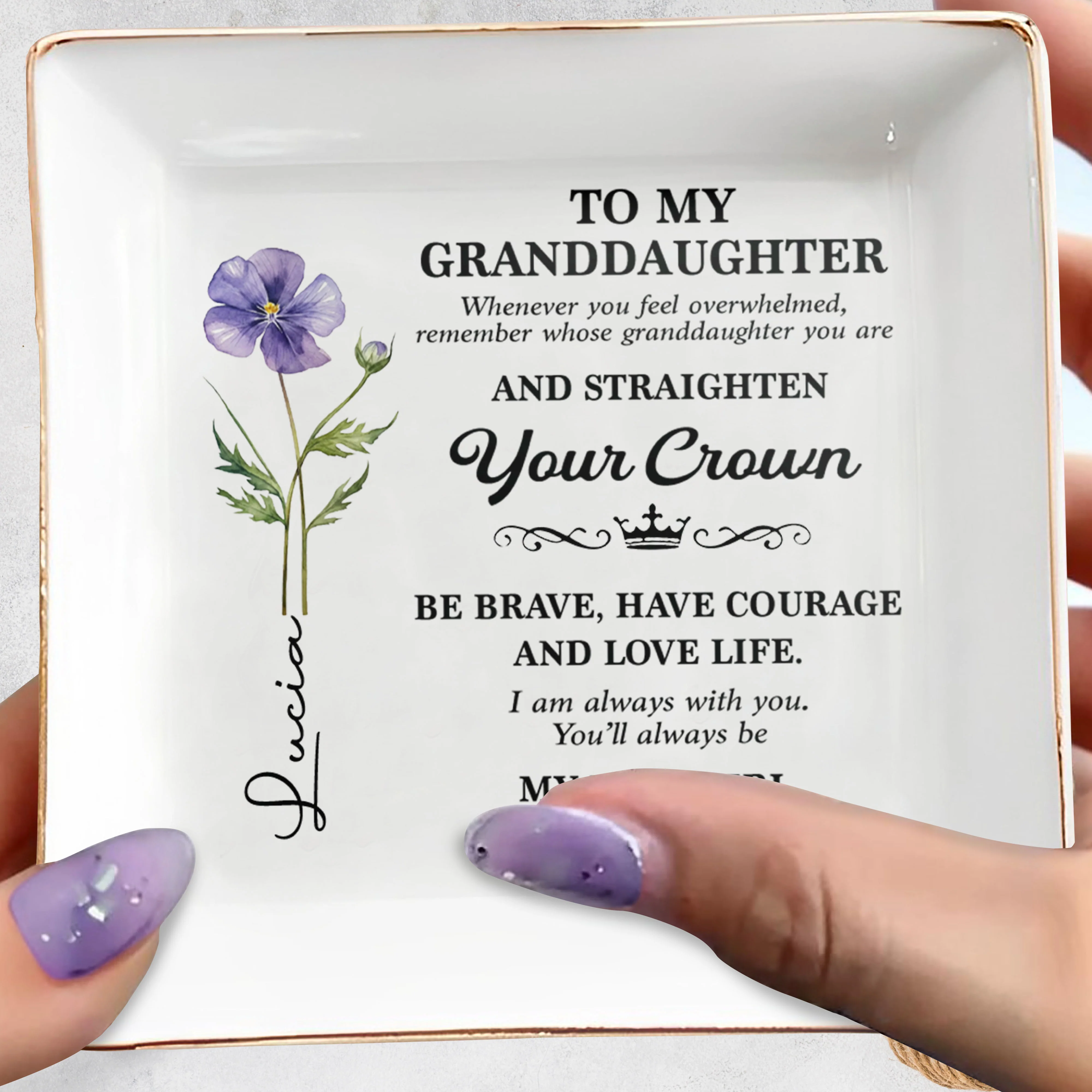To My Granddaughter Straighten Your Crown Birth Month Flower - Personalized Custom Jewelry Dish, Square Ceramic Dish - GDT662_SCRD - Image 5