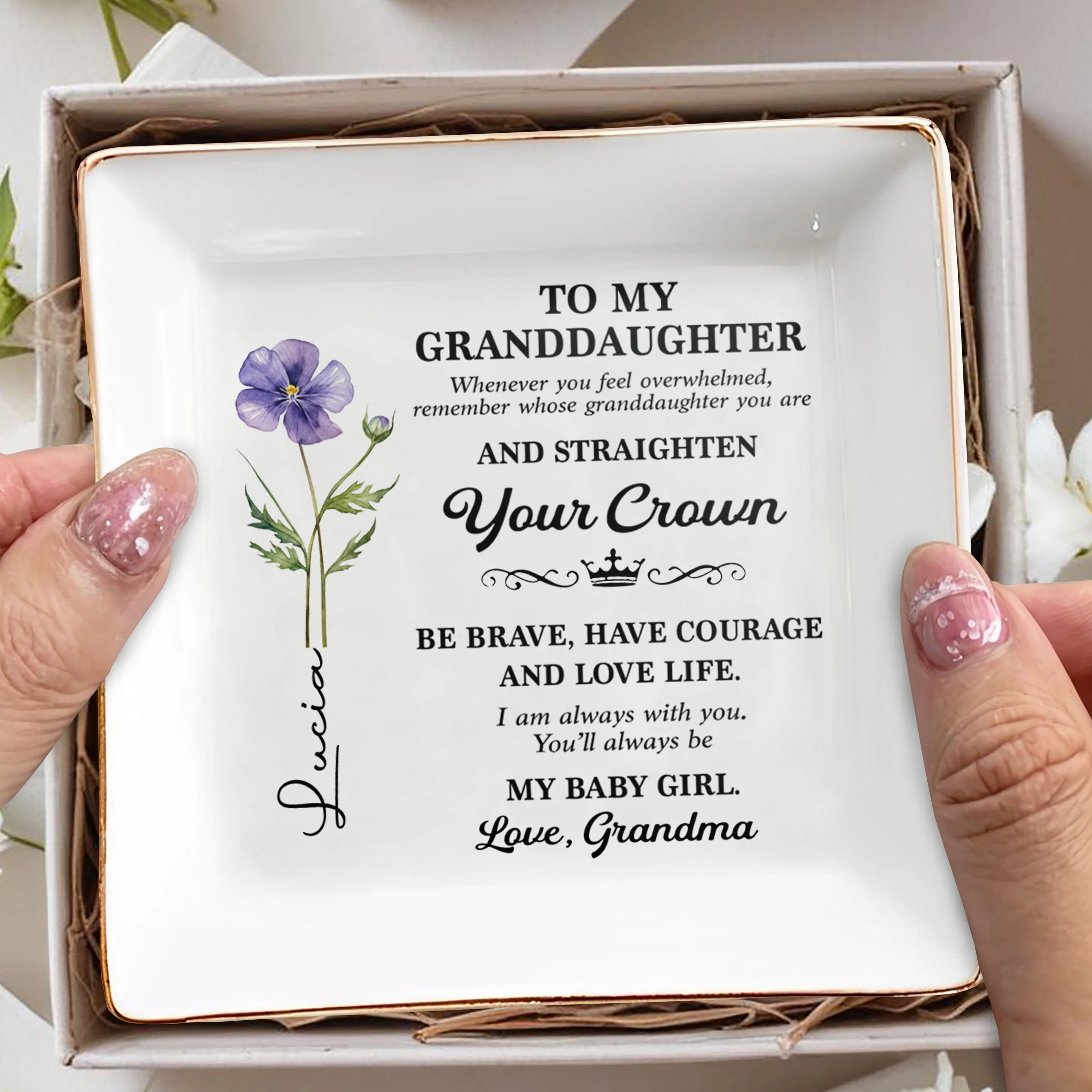 To My Granddaughter Straighten Your Crown Birth Month Flower - Personalized Custom Jewelry Dish, Square Ceramic Dish - GDT662_SCRD - Image 7