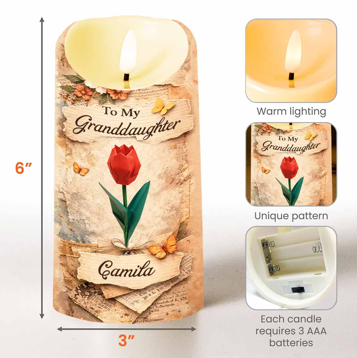 To My Granddaughter Straighten Your Crown Red Rose Butterfly Candle - Personalized Custom LED Candle - GDT635_LECA - Image 3