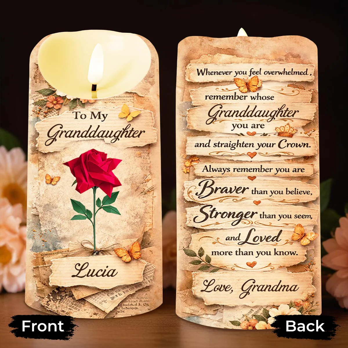To My Granddaughter Straighten Your Crown Red Rose Butterfly Candle - Personalized Custom LED Candle - GDT635_LECA - Image 6