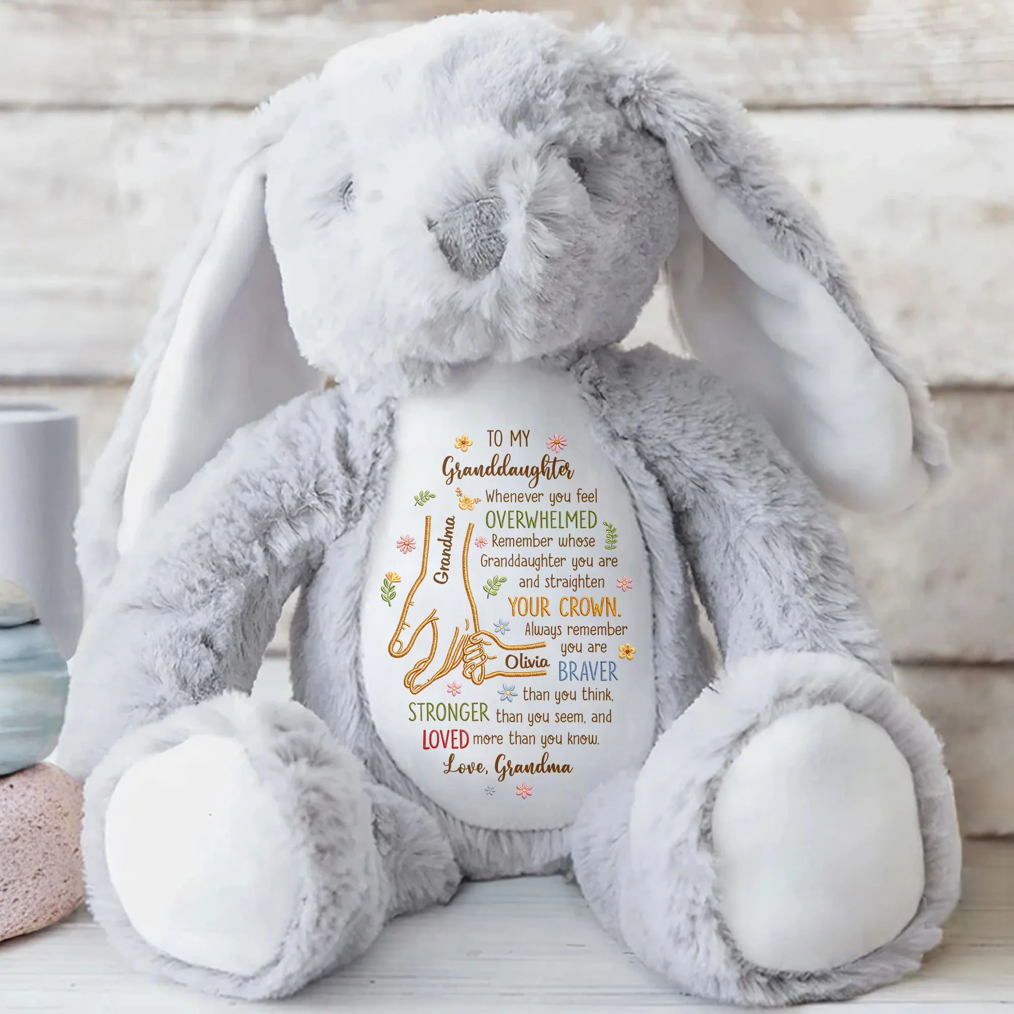 To My Granddaughter Whenever You Feel Overwhelmed Holding Hands Flowers - Personalized Stuffed Bunny - GDT637_BUN