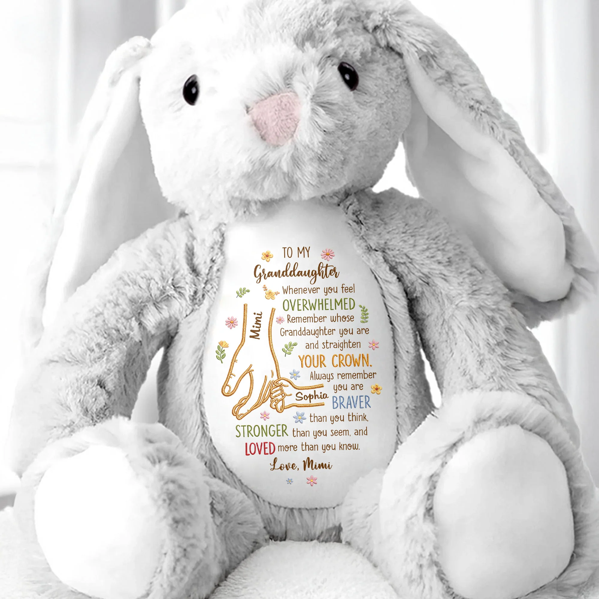 To My Granddaughter Whenever You Feel Overwhelmed Holding Hands Flowers - Personalized Stuffed Bunny - GDT637_BUN - Image 7