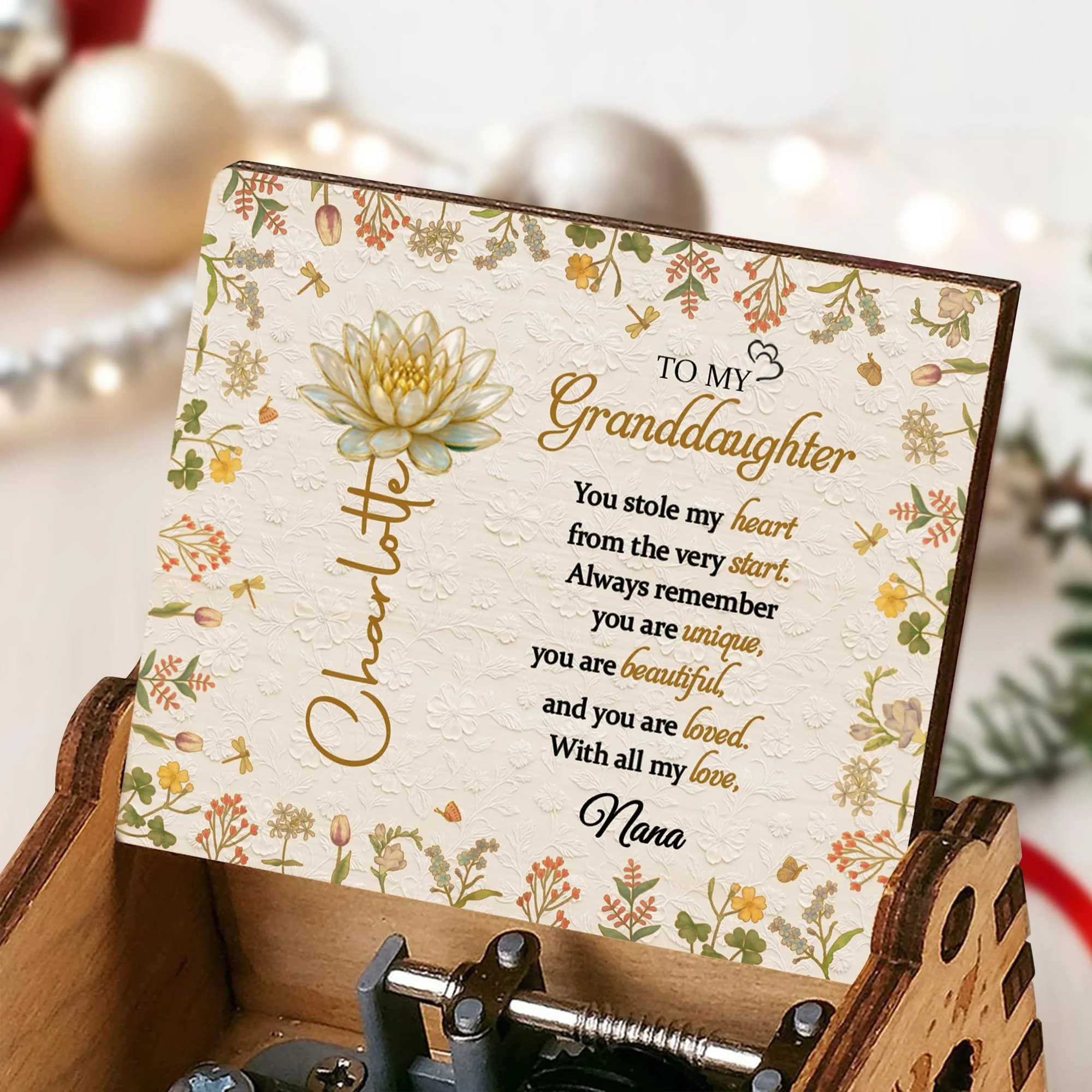 To My Granddaughter You Stole My Heart Lotus Flowers And Dragonflies - Custom Music Box With "You Are My Sunshine" Tune - GDT639_MZB