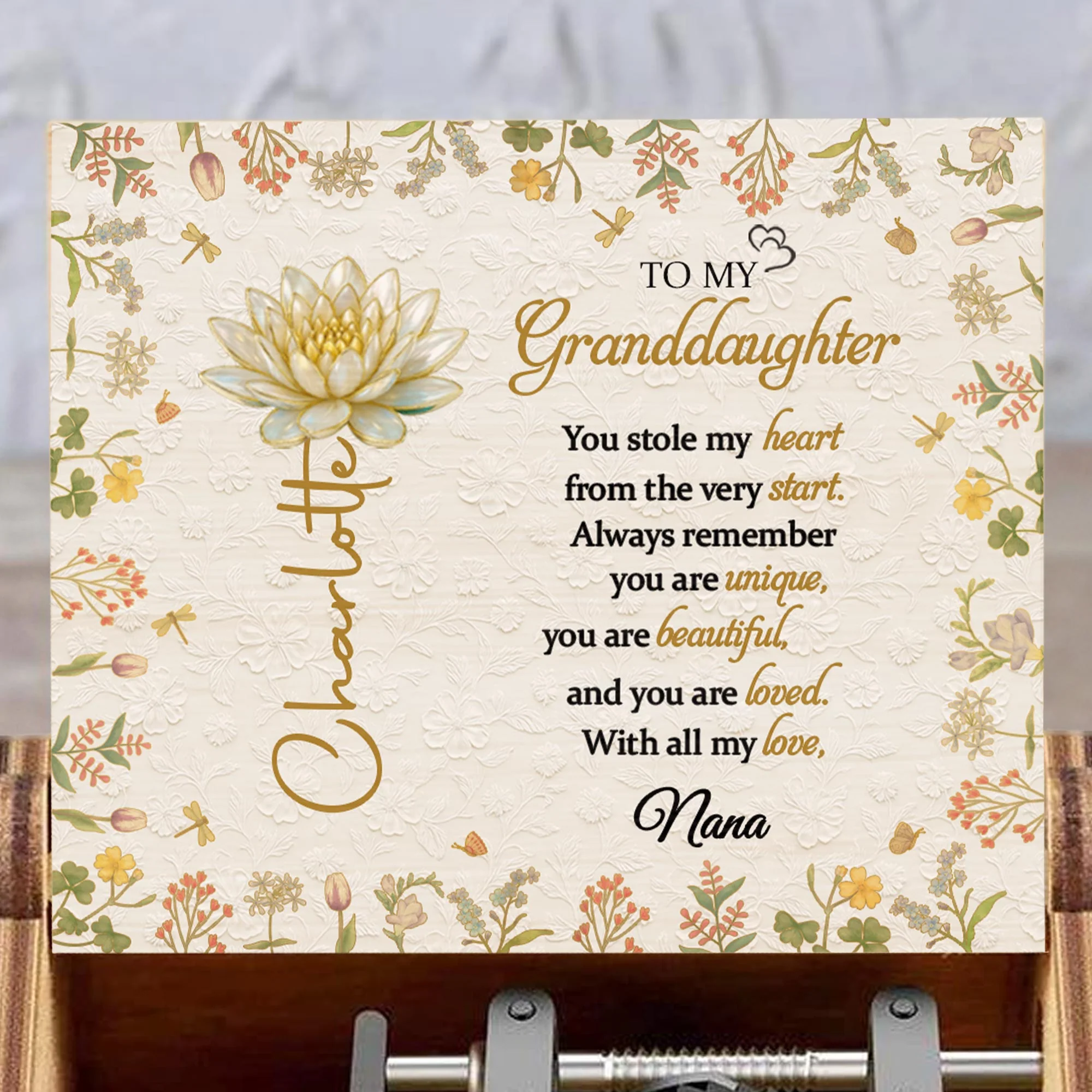To My Granddaughter You Stole My Heart Lotus Flowers And Dragonflies - Custom Music Box With "You Are My Sunshine" Tune - GDT639_MZB - Image 2