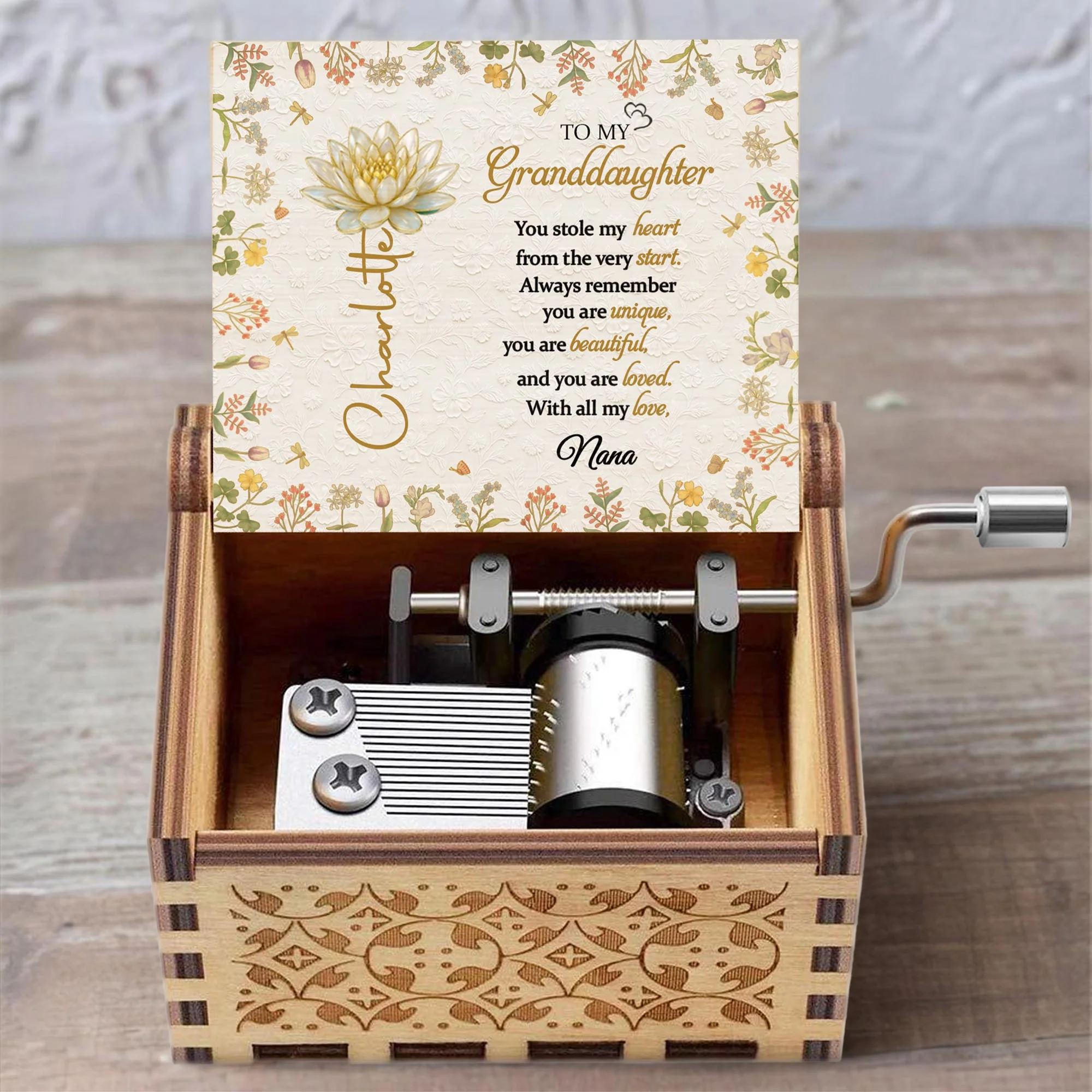 To My Granddaughter You Stole My Heart Lotus Flowers And Dragonflies - Custom Music Box With "You Are My Sunshine" Tune - GDT639_MZB - Image 4
