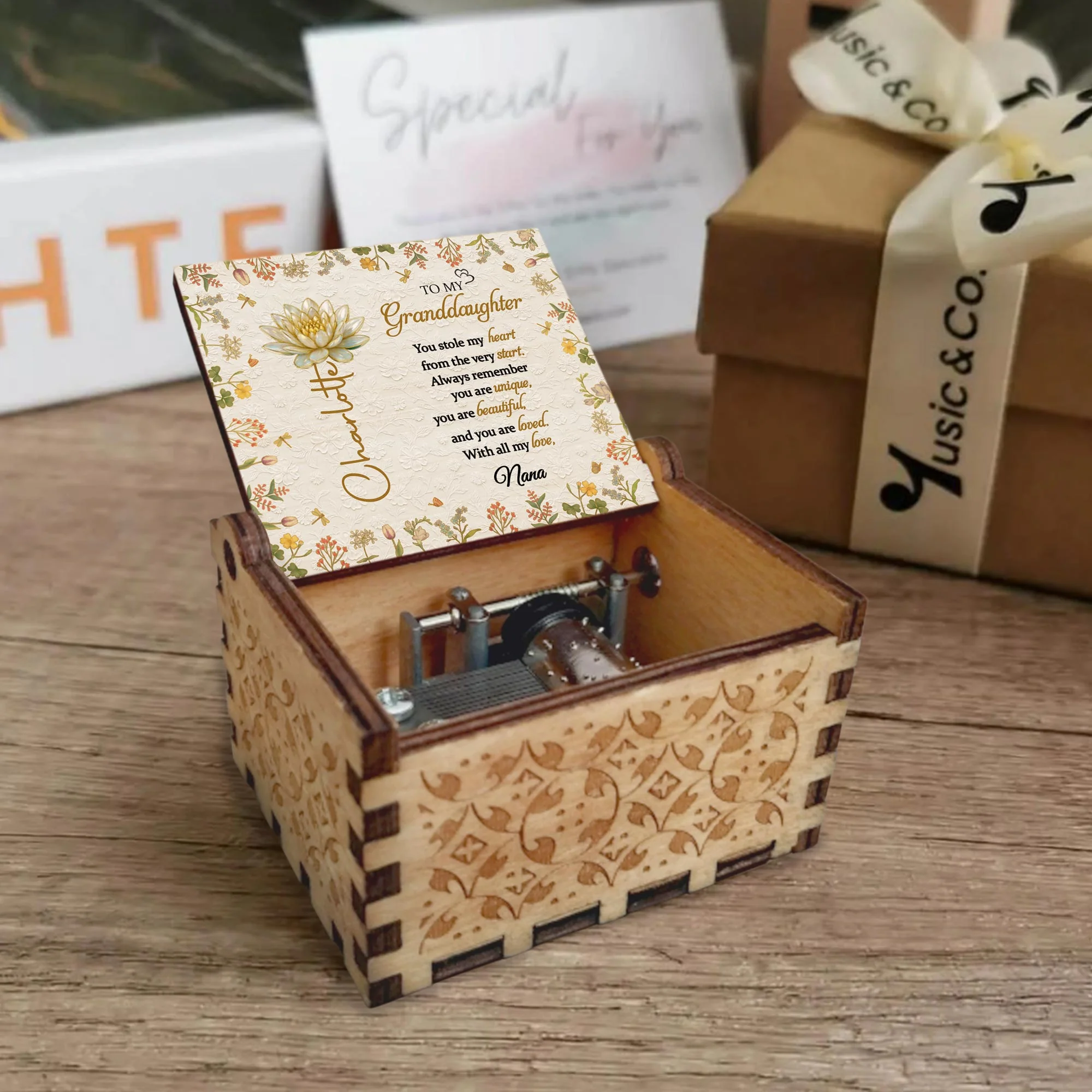 To My Granddaughter You Stole My Heart Lotus Flowers And Dragonflies - Custom Music Box With "You Are My Sunshine" Tune - GDT639_MZB - Image 8