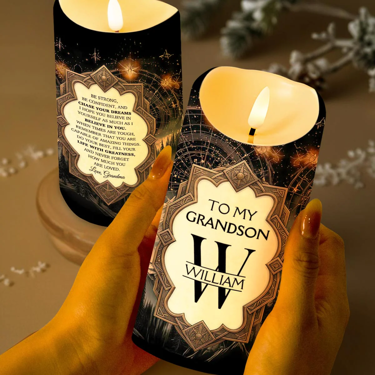 To My Grandson Be Strong And Chase Your Dreams Monogram Mountain - Personalized Custom LED Candle - GSN067_LECA - Image 2