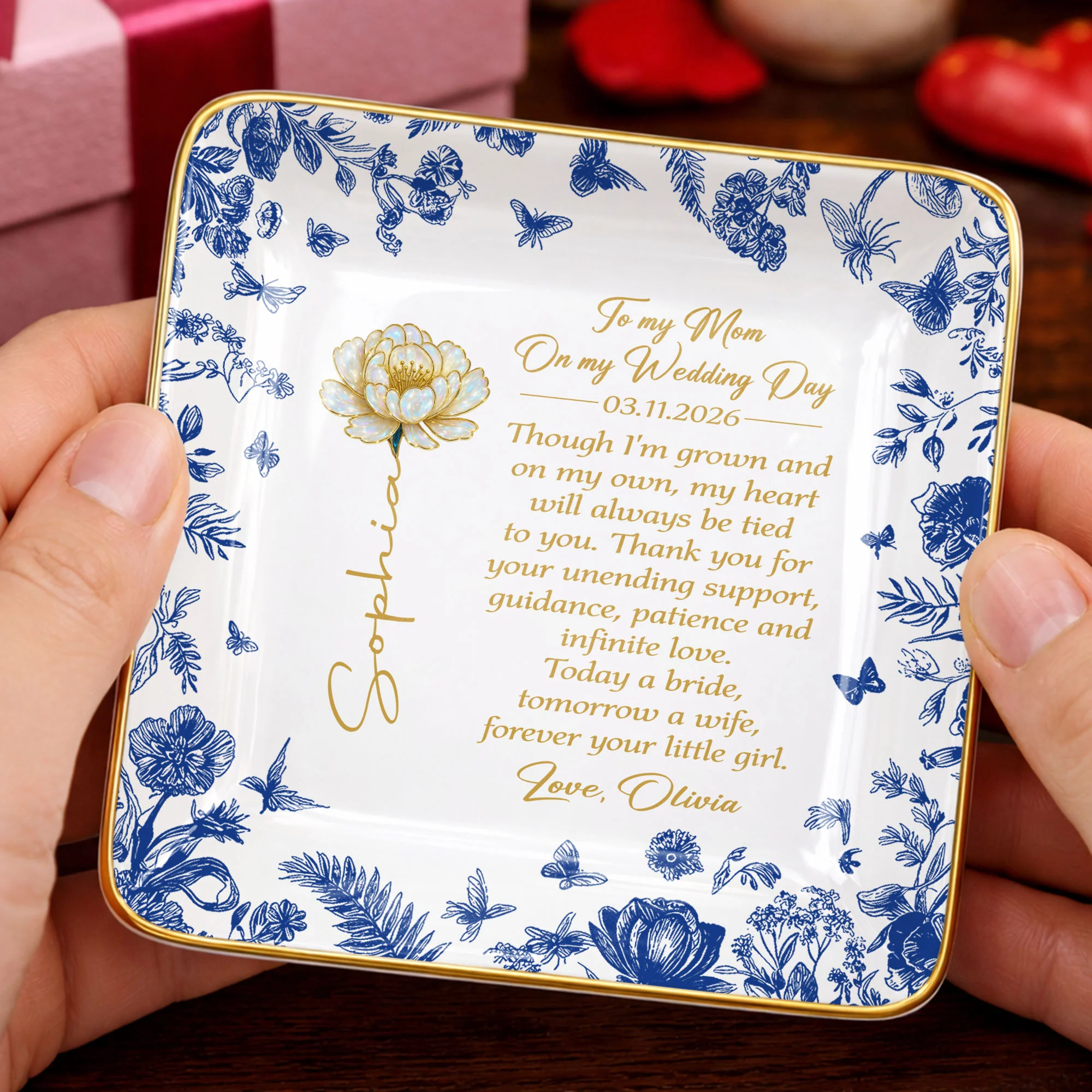 To My Mom On My Wedding Day Flower And Butterfly Ceramic Dish - Personalized Custom Jewelry Dish, Ceramic Dish, Square Shape - MOM197_SCRF - Image 7