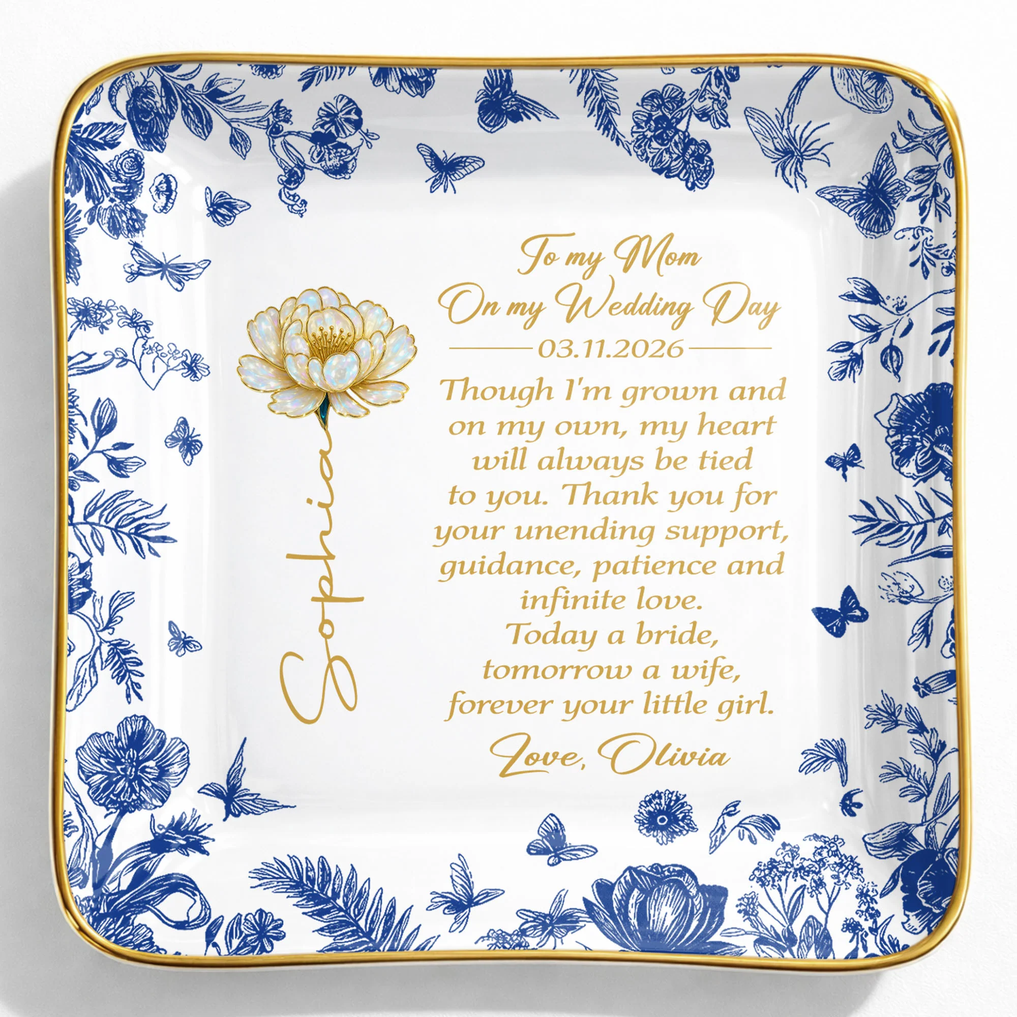 To My Mom On My Wedding Day Flower And Butterfly Ceramic Dish - Personalized Custom Jewelry Dish, Ceramic Dish, Square Shape - MOM197_SCRF - Image 9