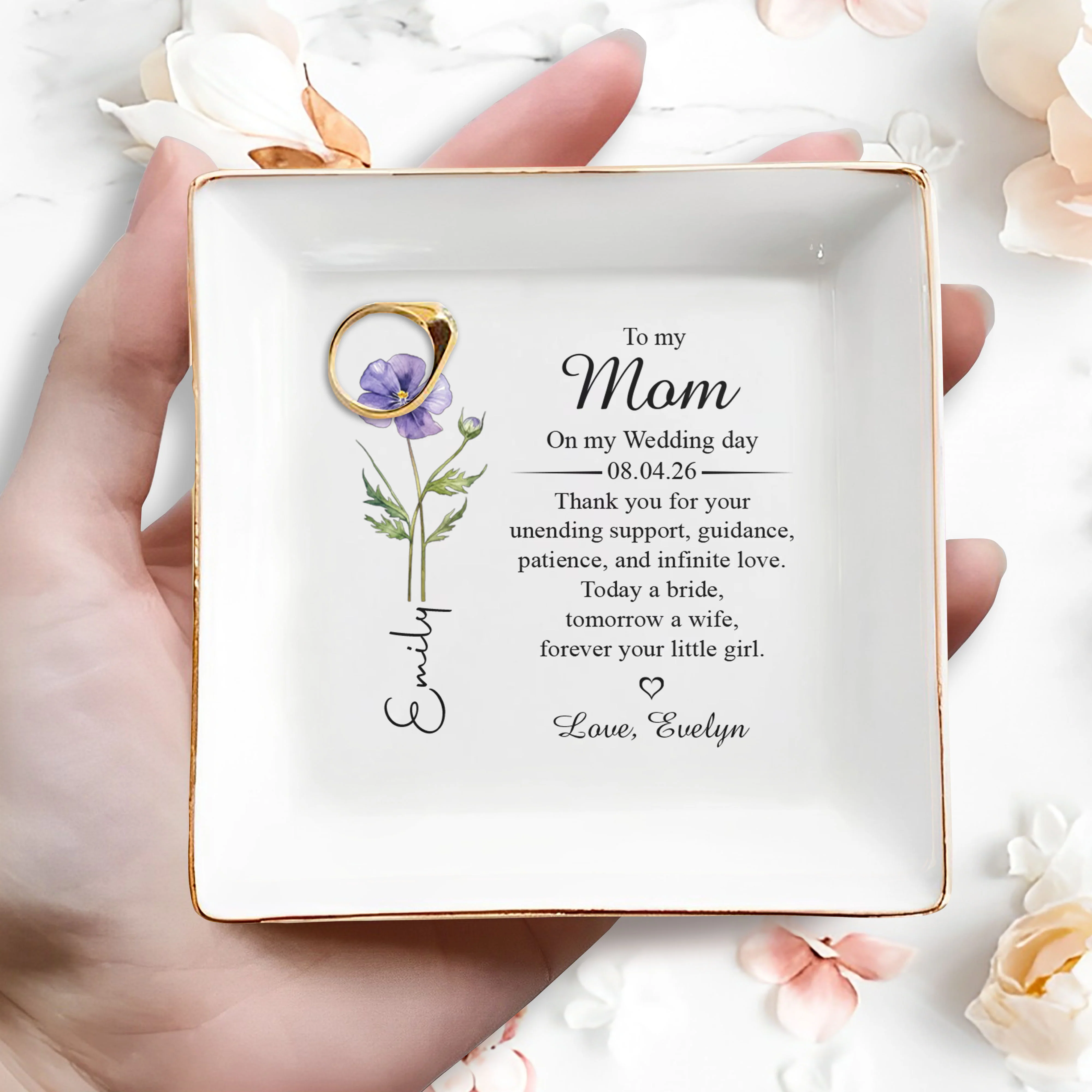 To My Mom On My Wedding Day Flower Jewelry Dish - Personalized Custom Jewelry Dish, Square Ceramic Dish - MOM199_SCRD - Image 2