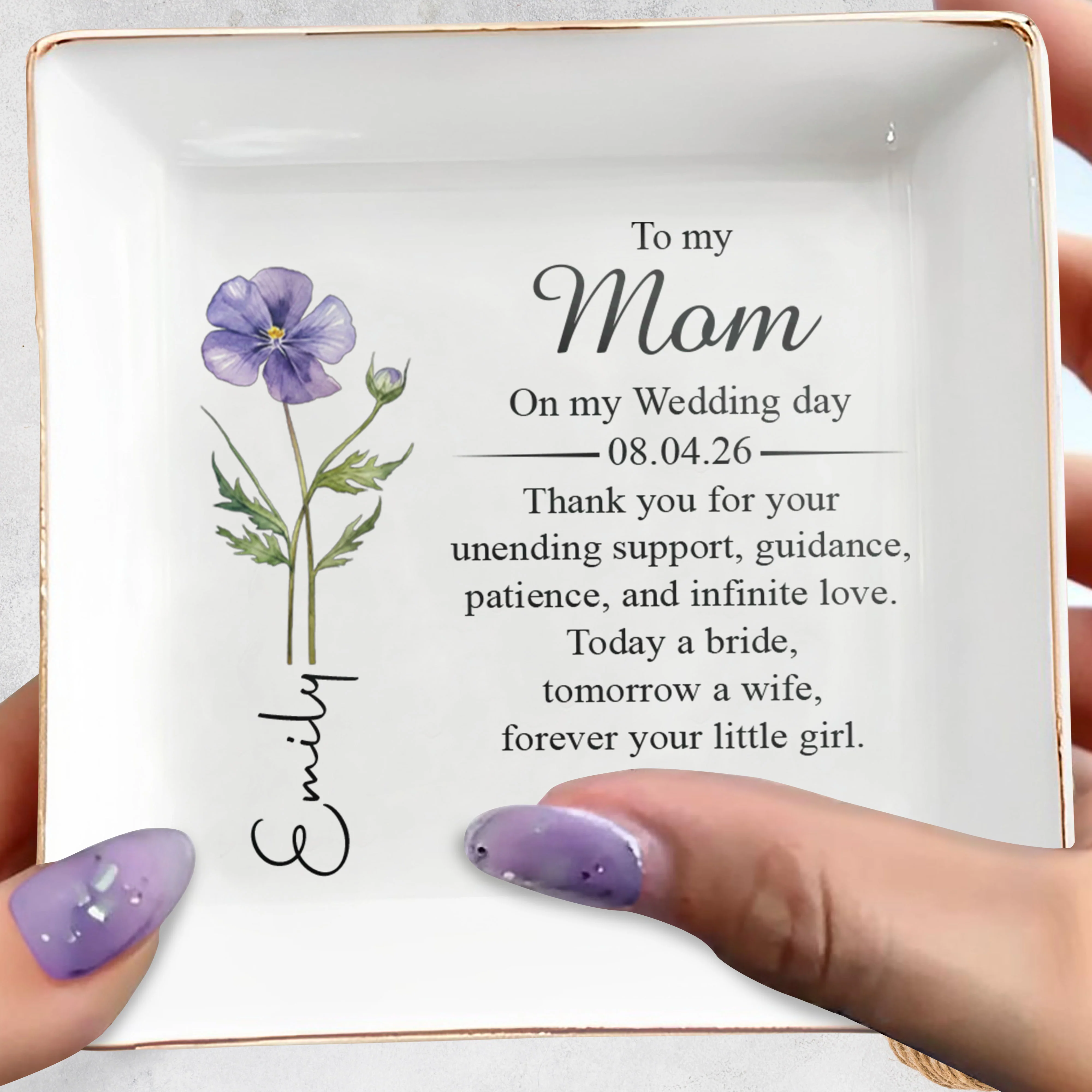To My Mom On My Wedding Day Flower Jewelry Dish - Personalized Custom Jewelry Dish, Square Ceramic Dish - MOM199_SCRD - Image 5