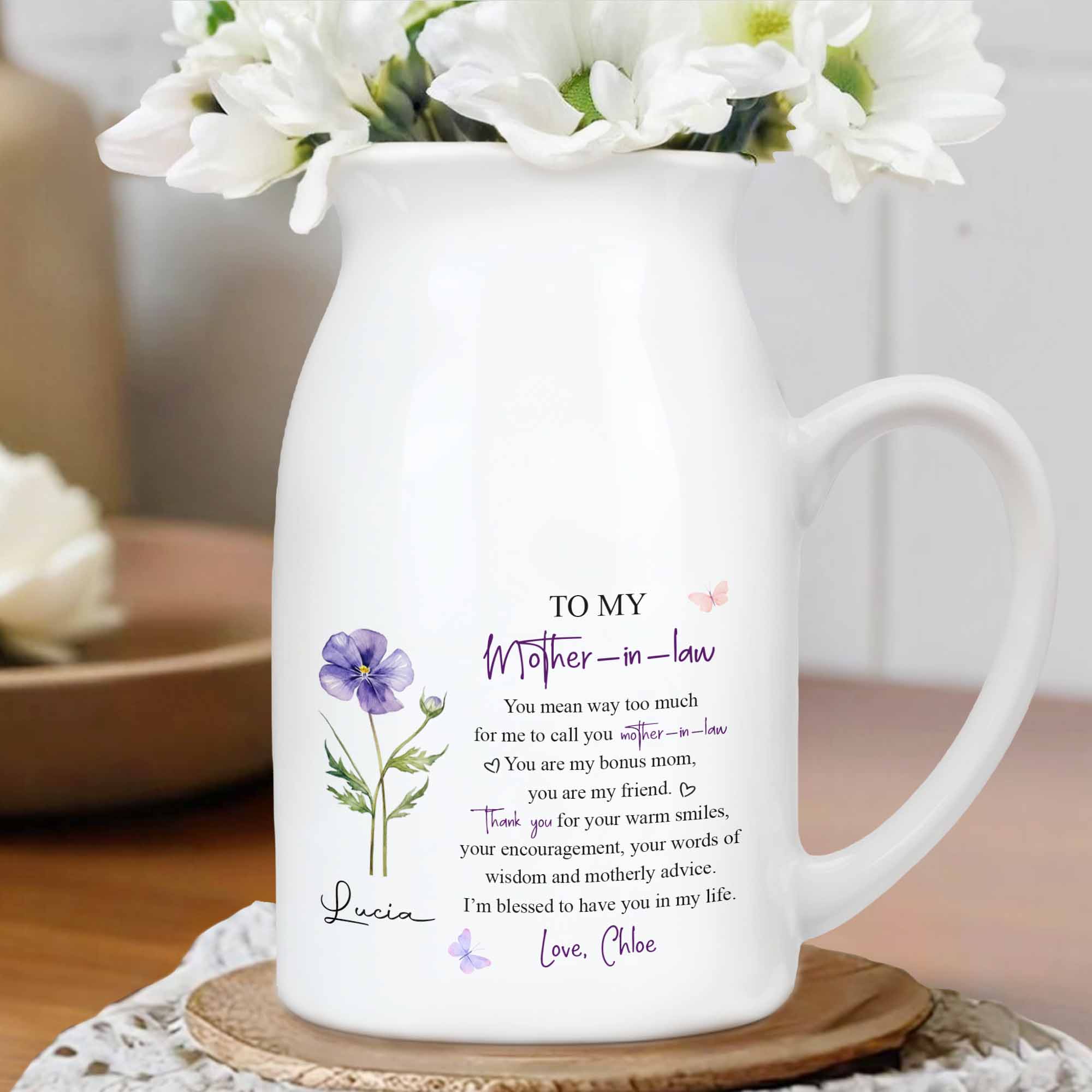 To My Mother In Law Bonus Mom Message With Purple Flower And Butterflies - Personalized Ceramic Flower Vase - MOM177_CEV