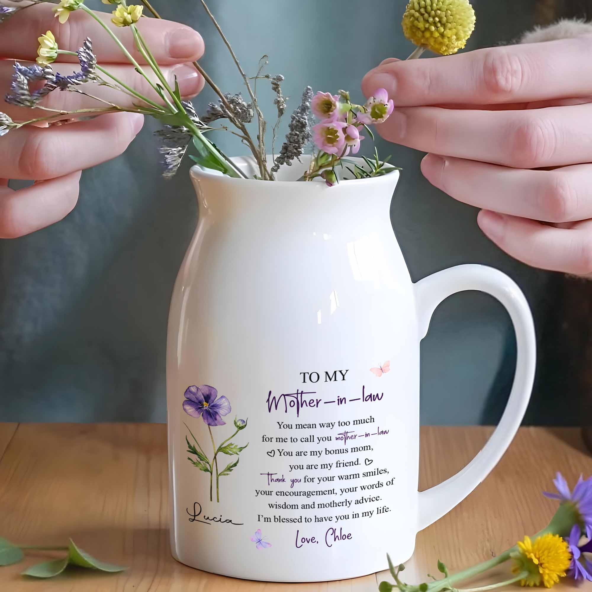 To My Mother In Law Bonus Mom Message With Purple Flower And Butterflies - Personalized Ceramic Flower Vase - MOM177_CEV - Image 4