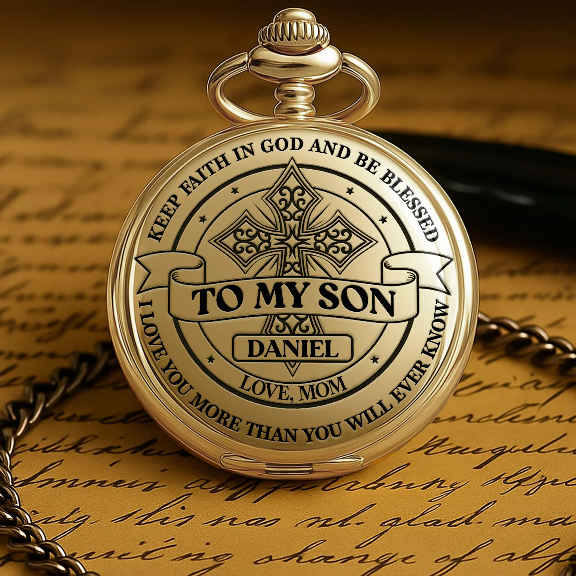 To My Son Keep Faith In God Blessed Cross - Personalized Custom Pocket Watch - SON080_GWATCH - Image 2