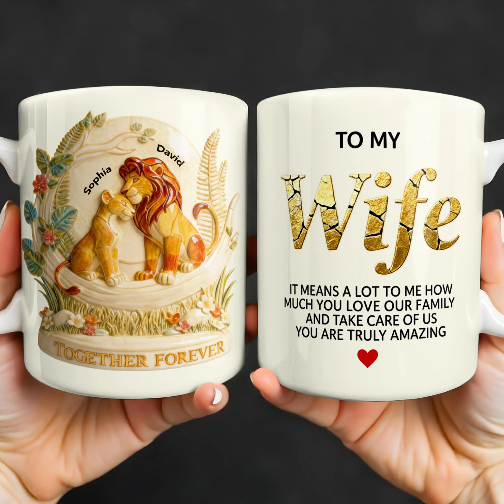 Together Forever To My Wife Lions Couple Floral Art - Personalized Custom Coffee Mug - WIF068_MG