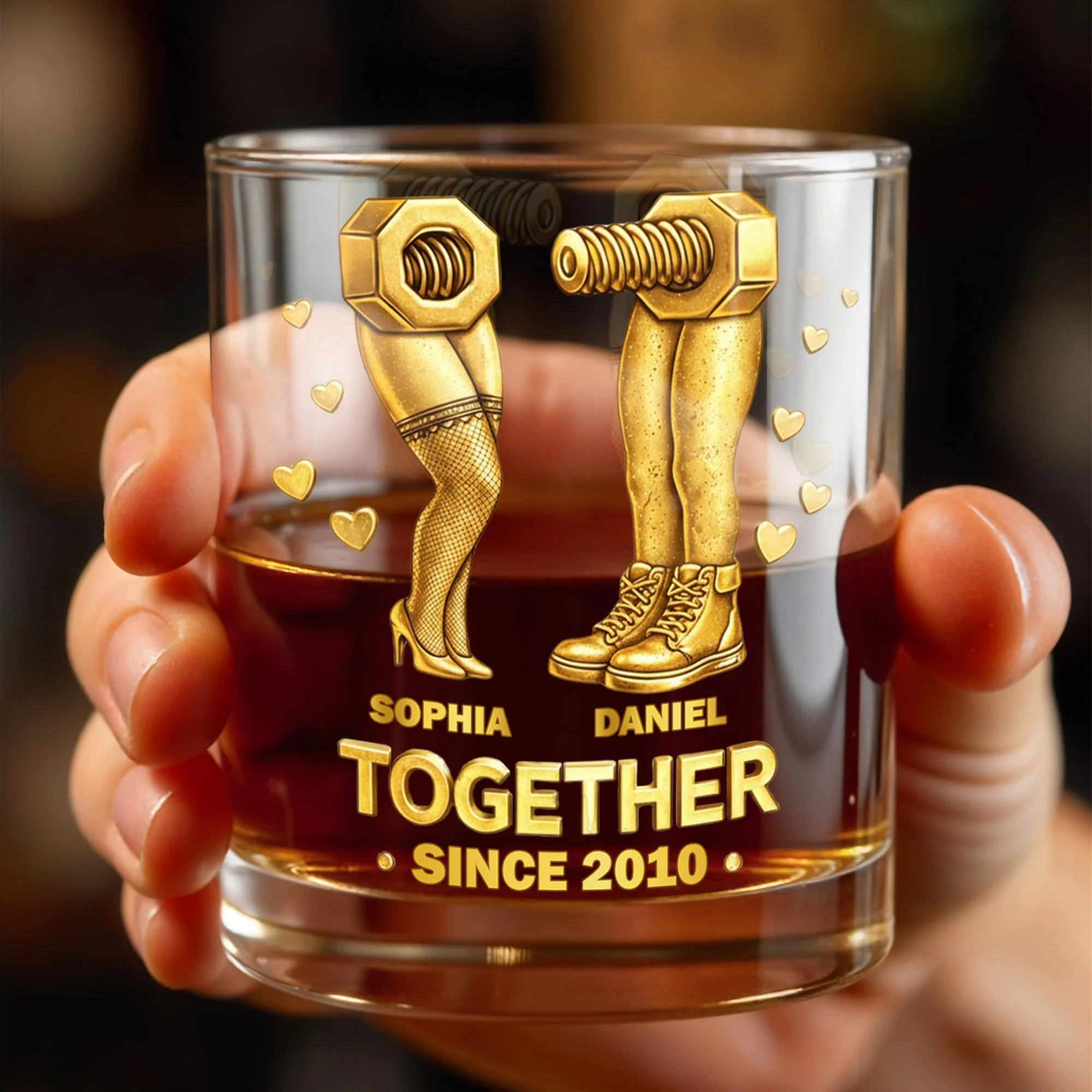 Together Since Nut And Bolt Design With Sexy Legs And Hearts - Personalized Custom Whiskey Glass - CPL1403_RWG - Image 6