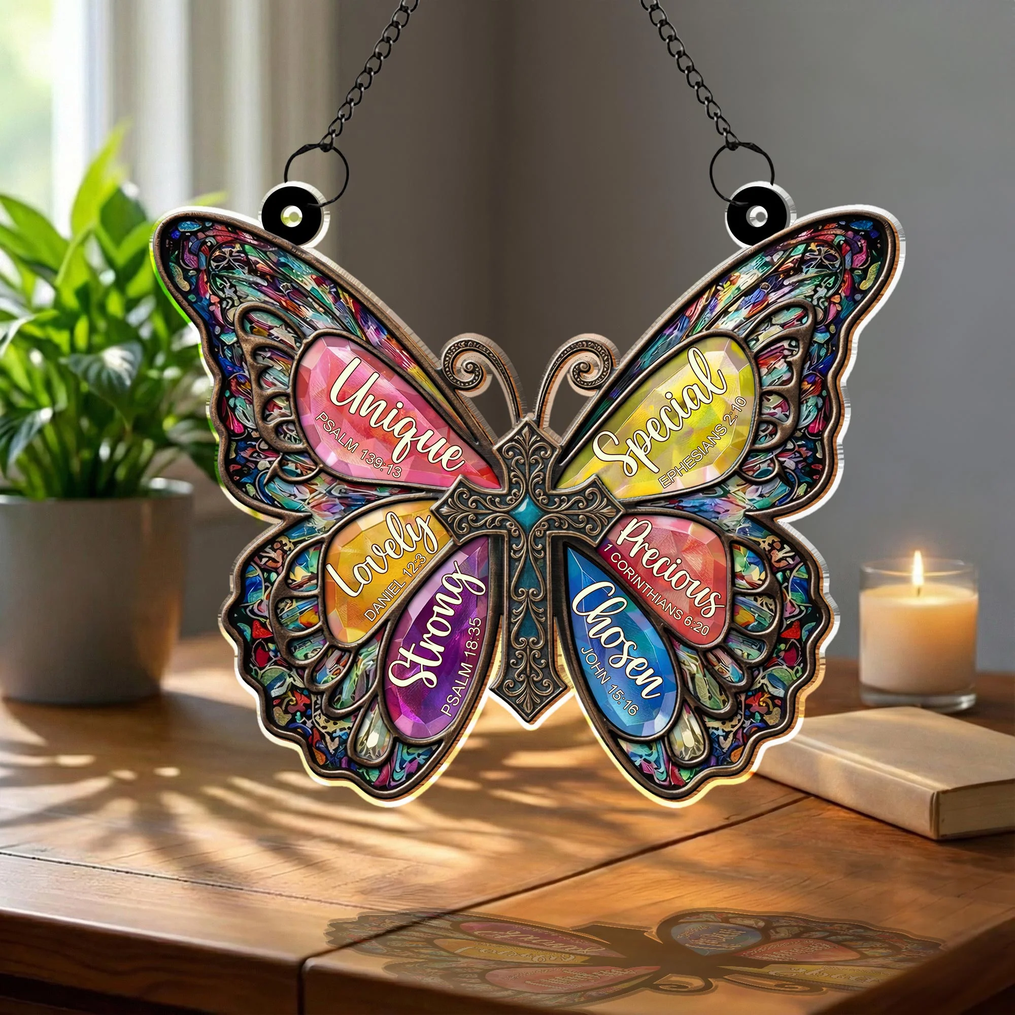 Unique Special Lovely Religious Butterfly Cross With Stained Glass Design - Personalized Custom Suncatcher - FTH142_CSUN - Image 3
