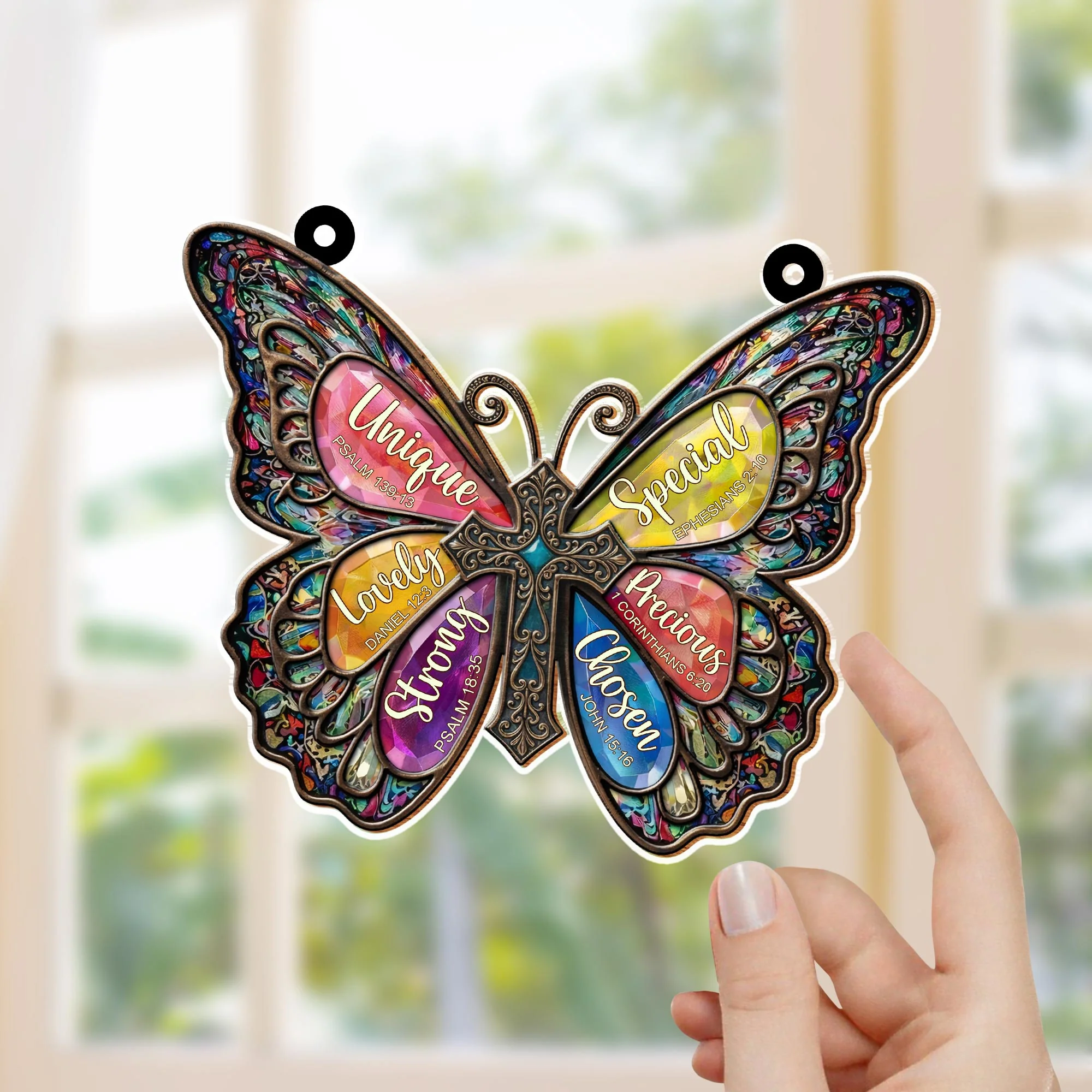 Unique Special Lovely Religious Butterfly Cross With Stained Glass Design - Personalized Custom Suncatcher - FTH142_CSUN - Image 4