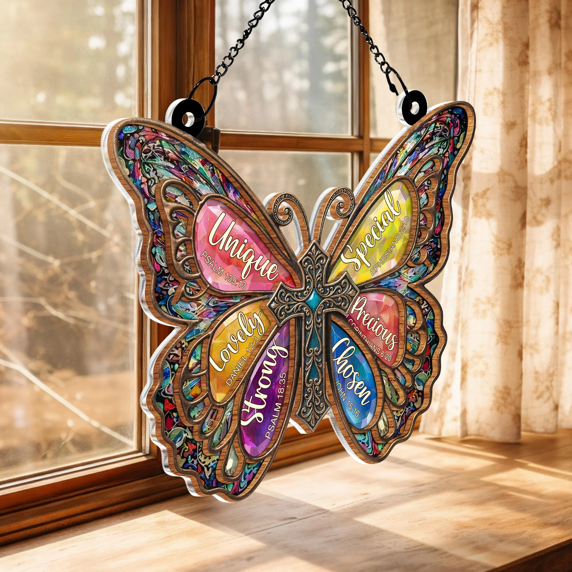 Unique Special Lovely Religious Butterfly Cross With Stained Glass Design - Personalized Custom Suncatcher - FTH142_CSUN - Image 5