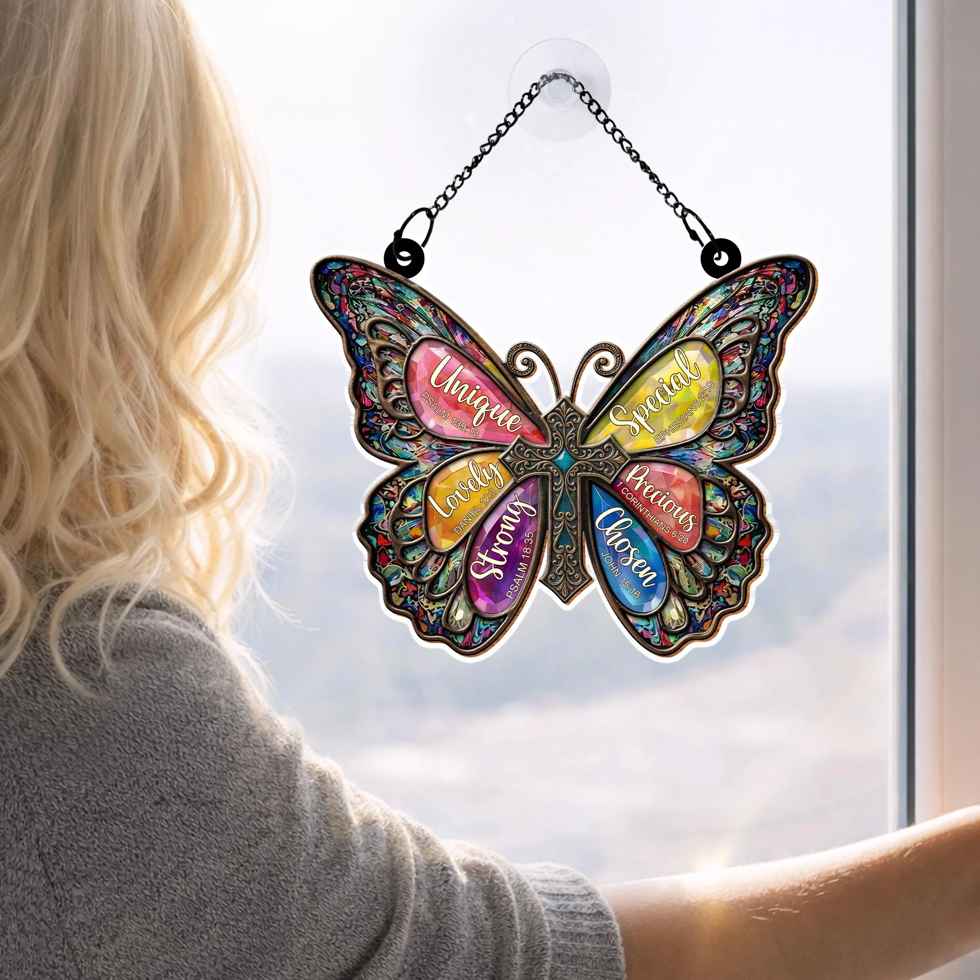 Unique Special Lovely Religious Butterfly Cross With Stained Glass Design - Personalized Custom Suncatcher - FTH142_CSUN - Image 6