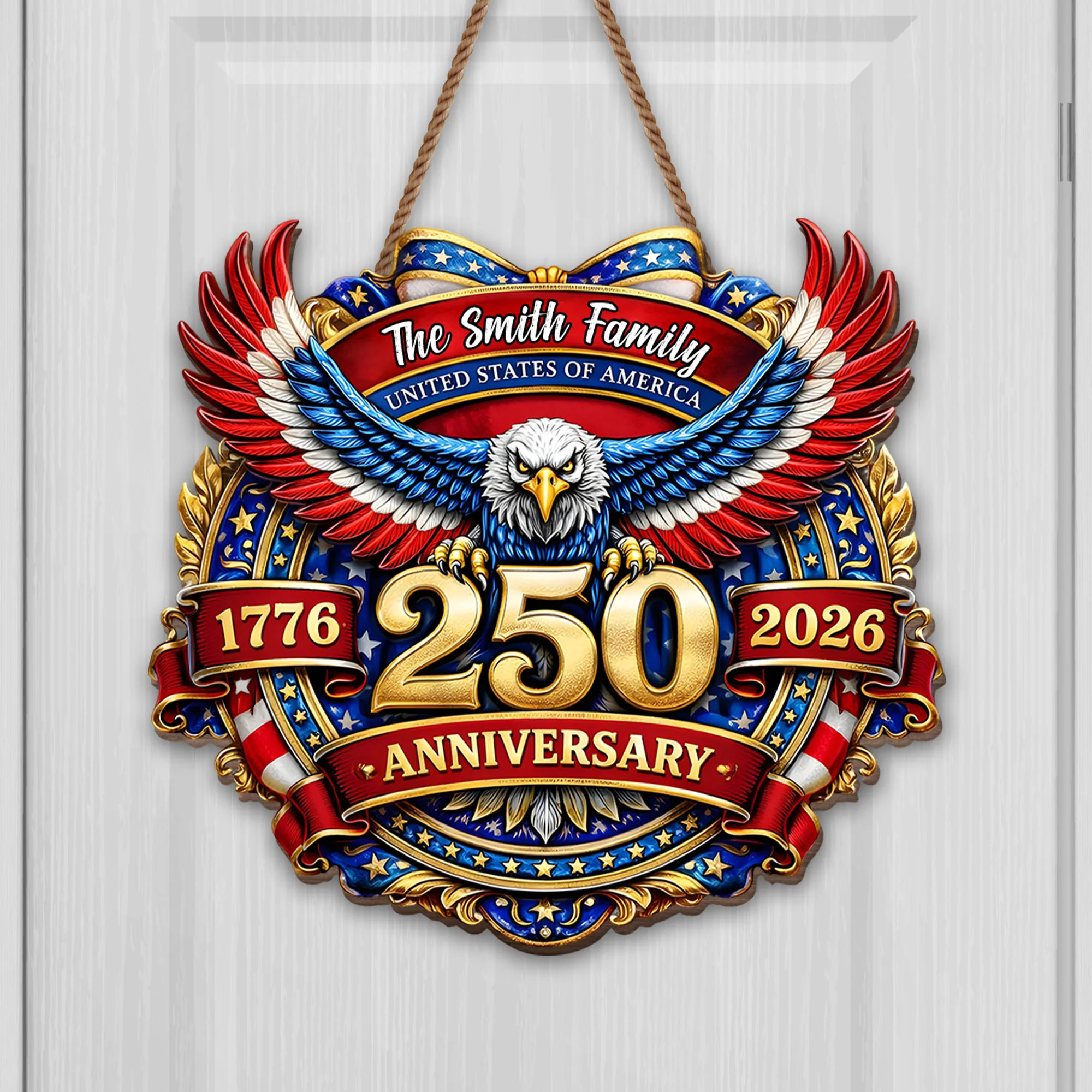 United States Of America 250 Anniversary Patriotic Bald Eagle And Stars - Personalized Custom Shaped Wood Sign - INDE072_WSIGN