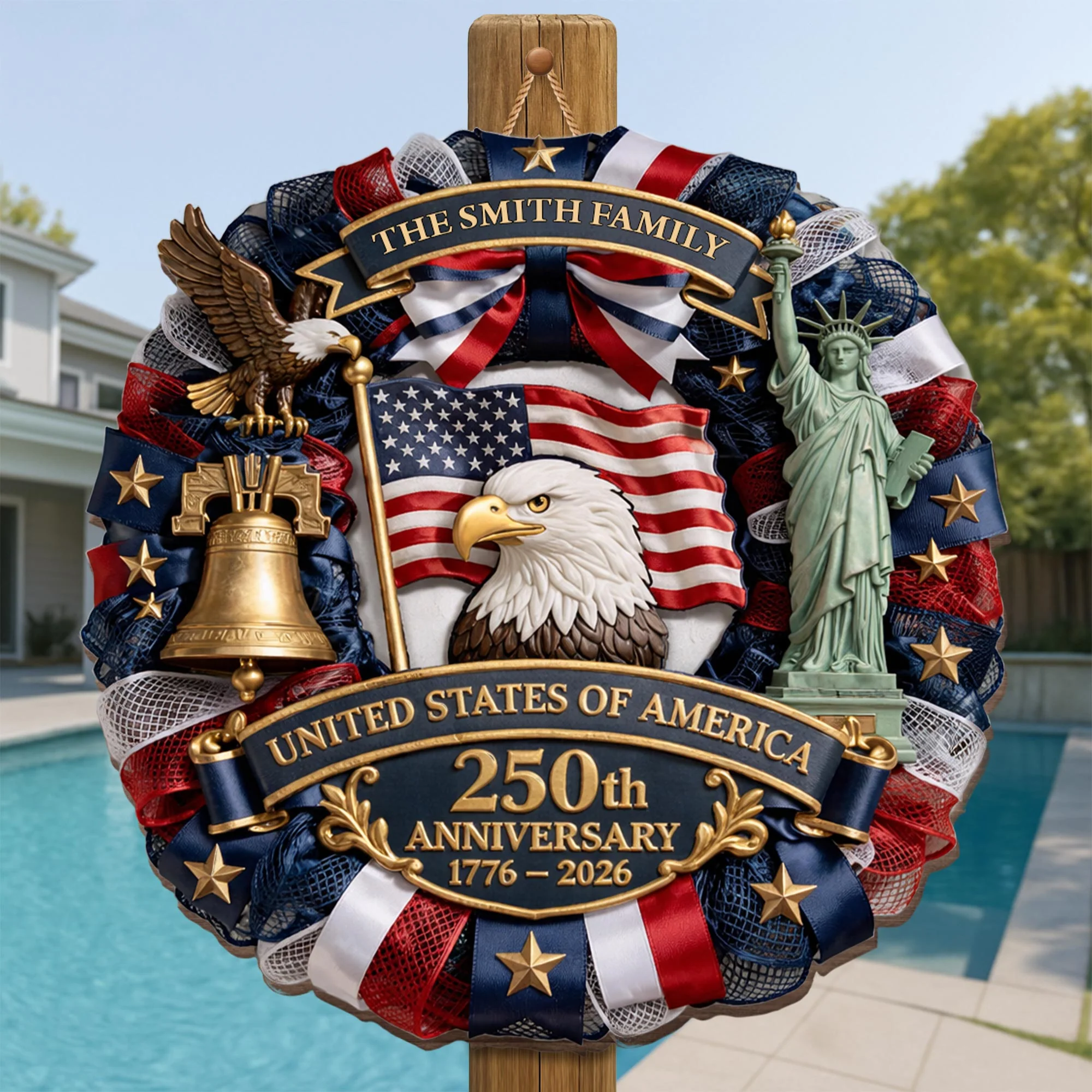 United States Of America 250th Anniversary Eagle Flag Liberty Bell Statue - Personalized Custom Shaped Wood Sign - INDE067_WSIGN - Image 2