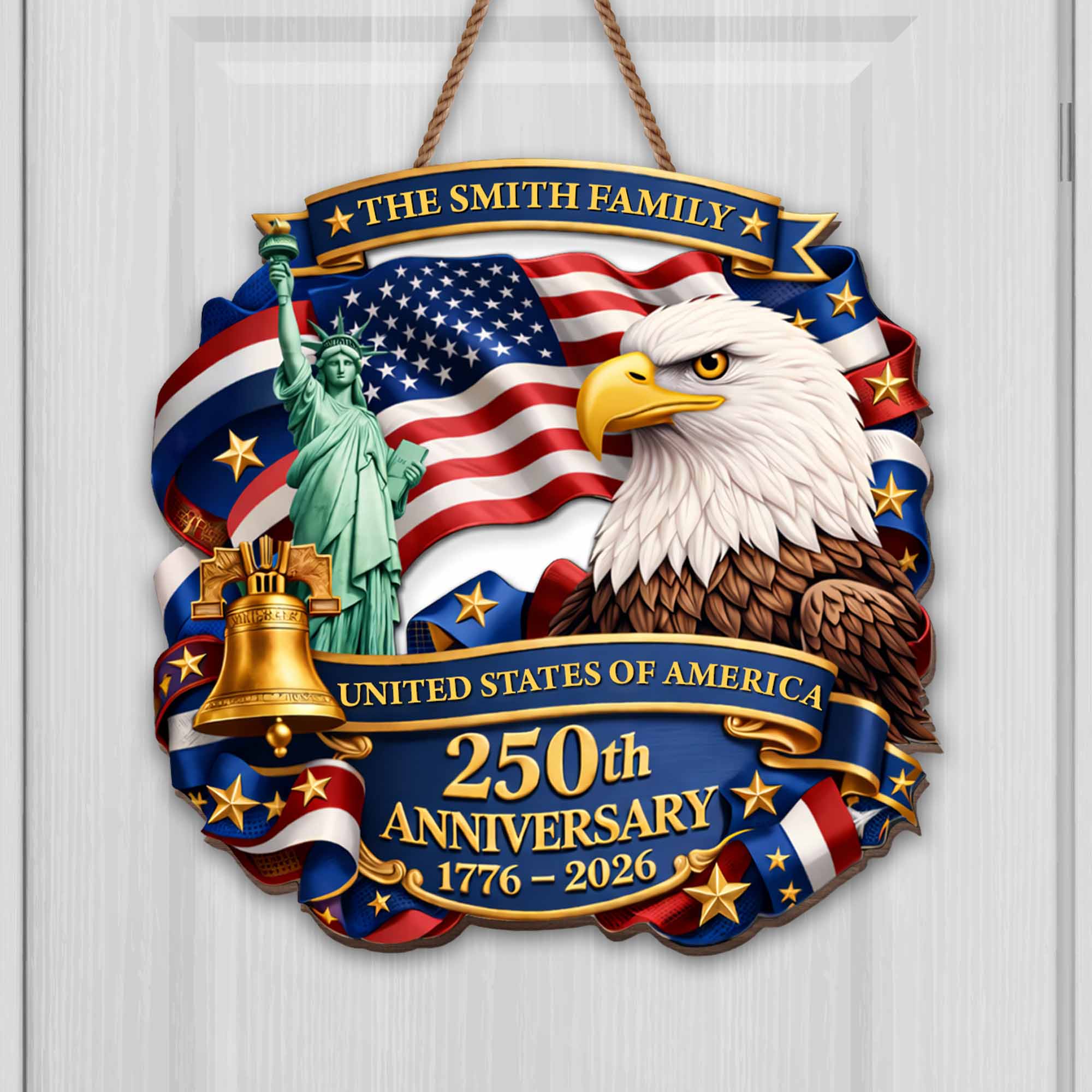 United States Of America 250th Anniversary Eagle Statue Of Liberty Bell - Personalized Custom Shaped Wood Sign - INDE075_WSIGN