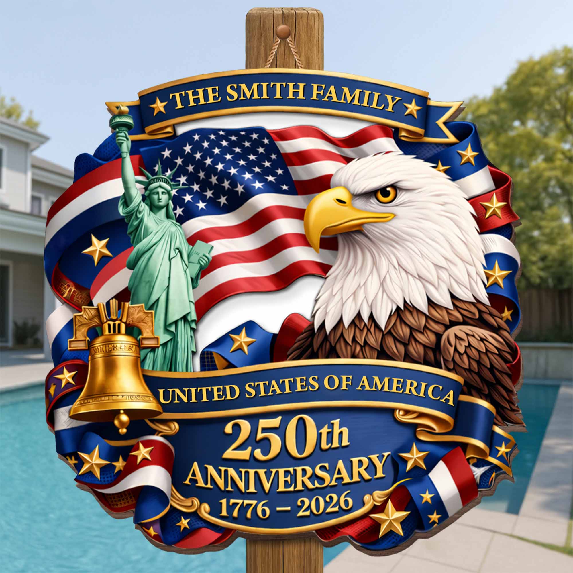 United States Of America 250th Anniversary Eagle Statue Of Liberty Bell - Personalized Custom Shaped Wood Sign - INDE075_WSIGN - Image 2
