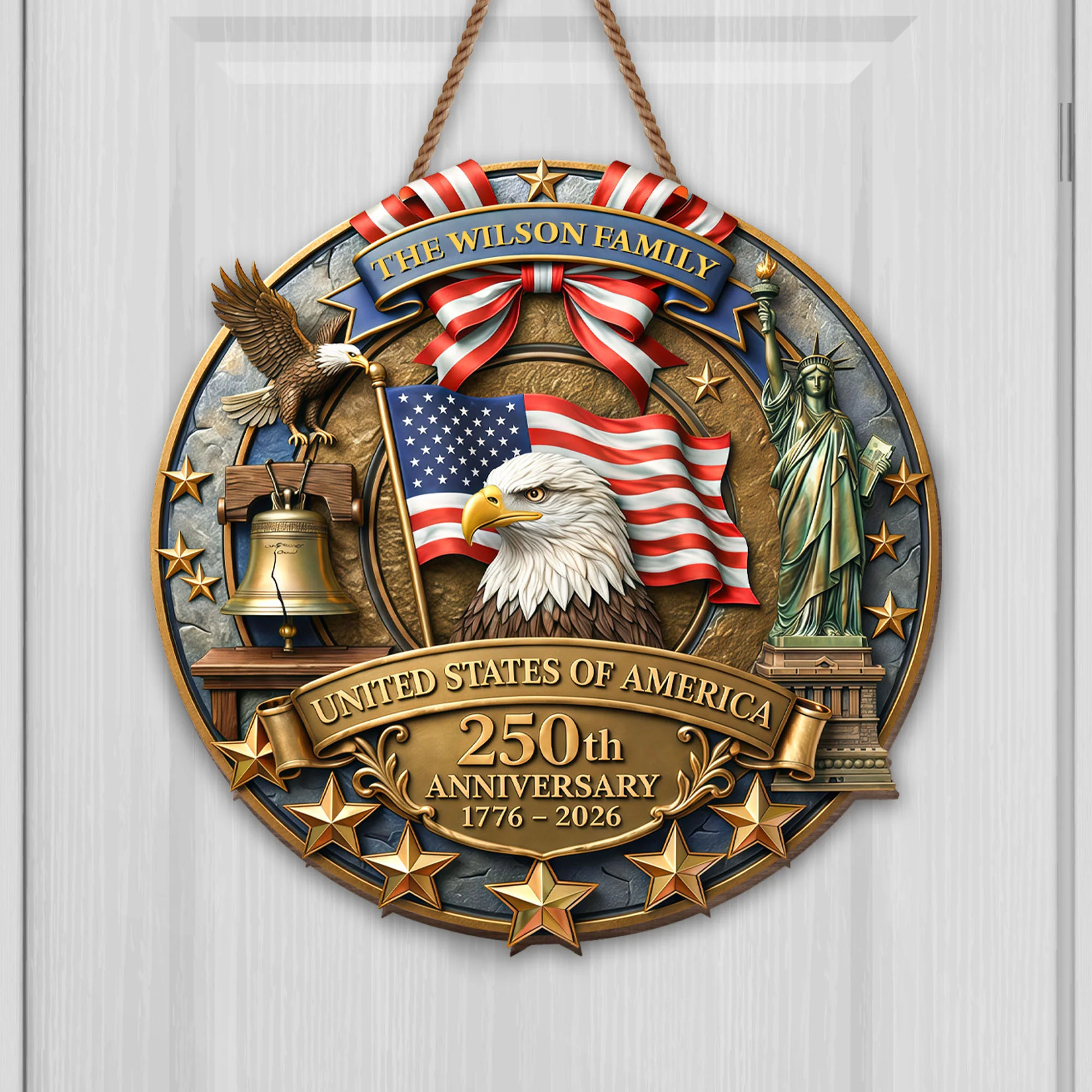 United States Of America 250th Anniversary With Eagle Flag And Statue Of Liberty - Personalized Custom Shaped Wood Sign - INDE076_WSIGN