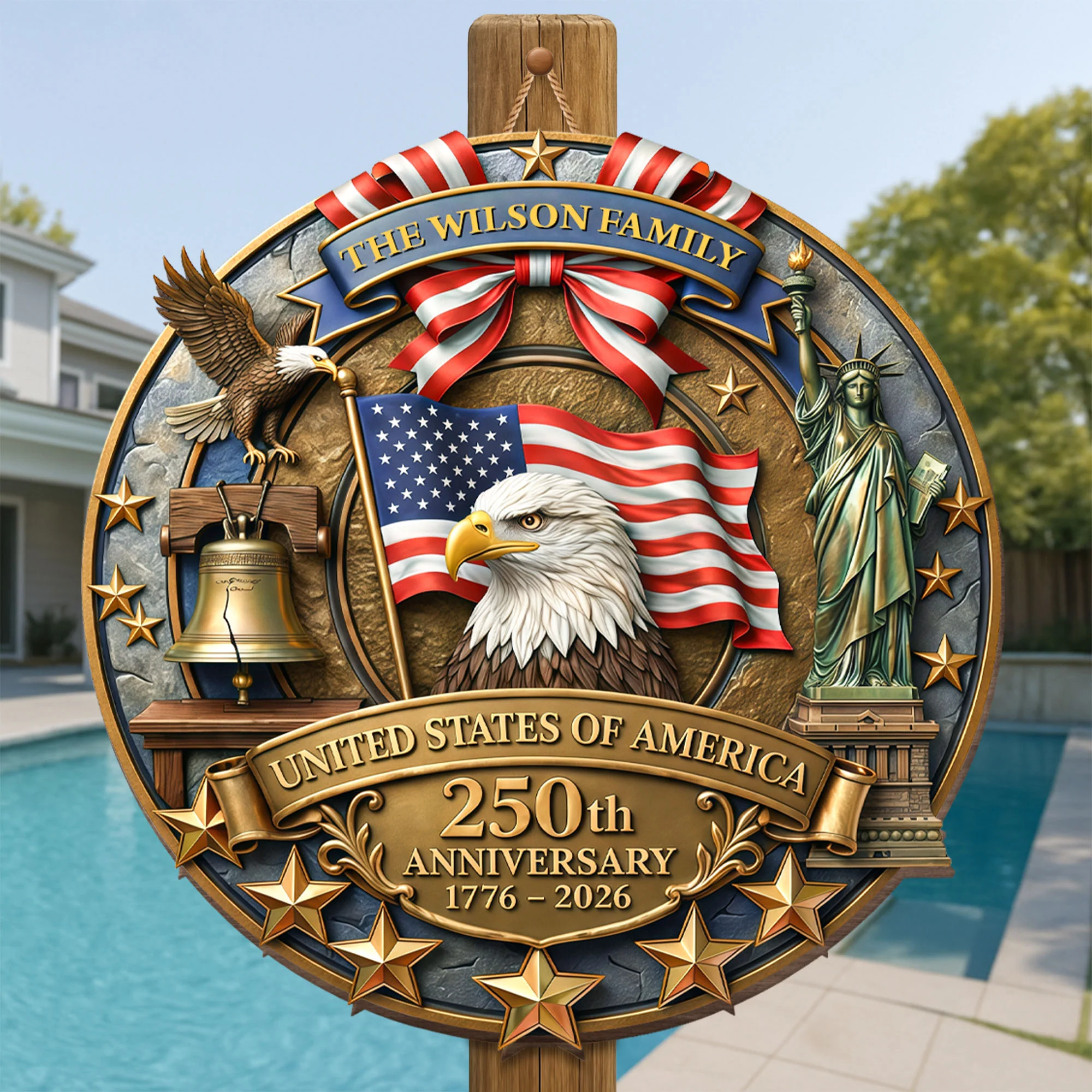 United States Of America 250th Anniversary With Eagle Flag And Statue Of Liberty - Personalized Custom Shaped Wood Sign - INDE076_WSIGN - Image 2