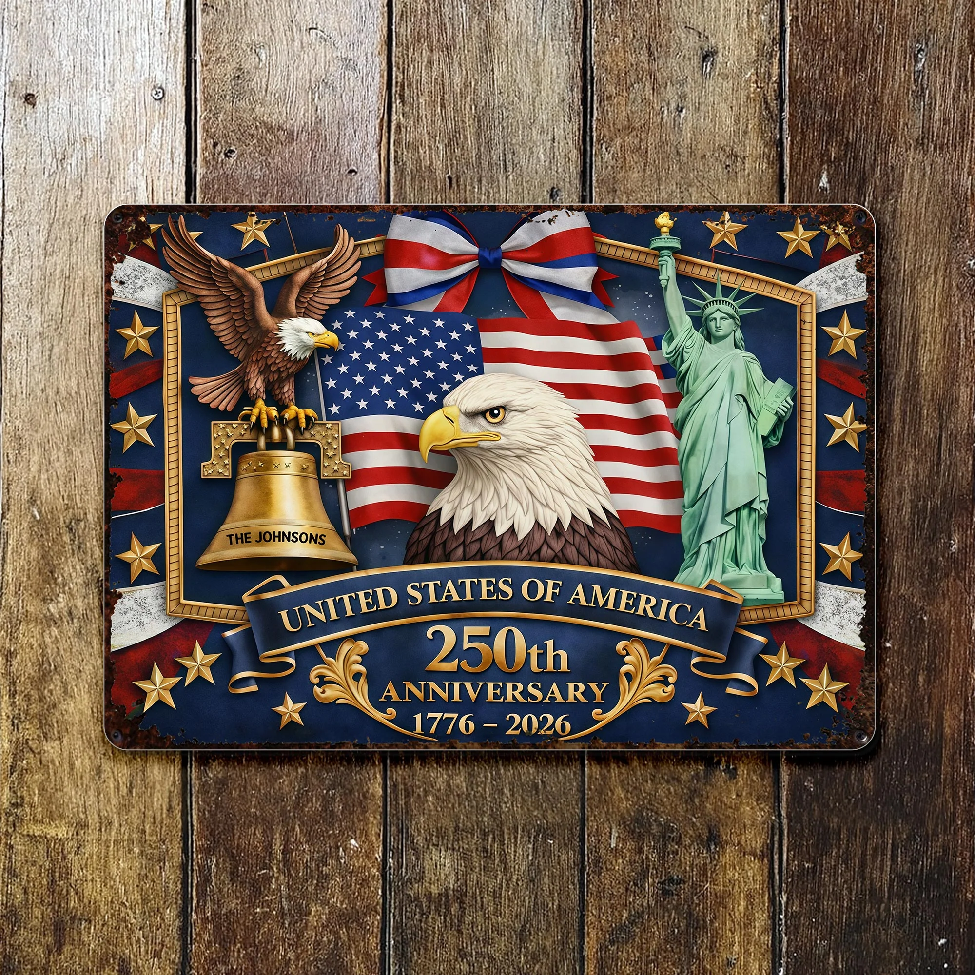 United States Of America Anniversary Bald Eagle Flag And Statue Of Liberty - Personalized Metal Sign - INDE017_MSIGN - Image 3