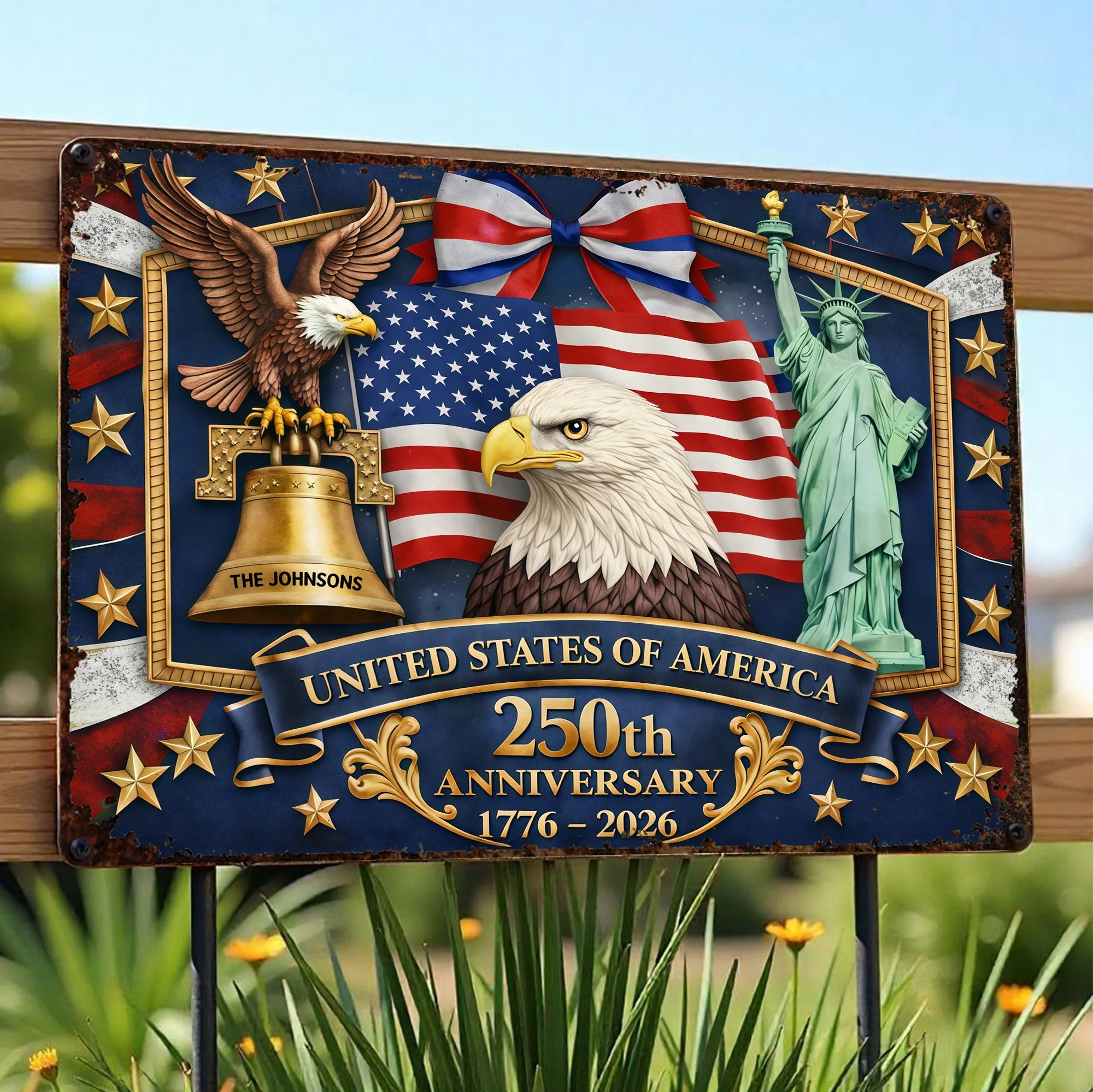 United States Of America Anniversary Bald Eagle Flag And Statue Of Liberty - Personalized Metal Sign - INDE017_MSIGN - Image 4