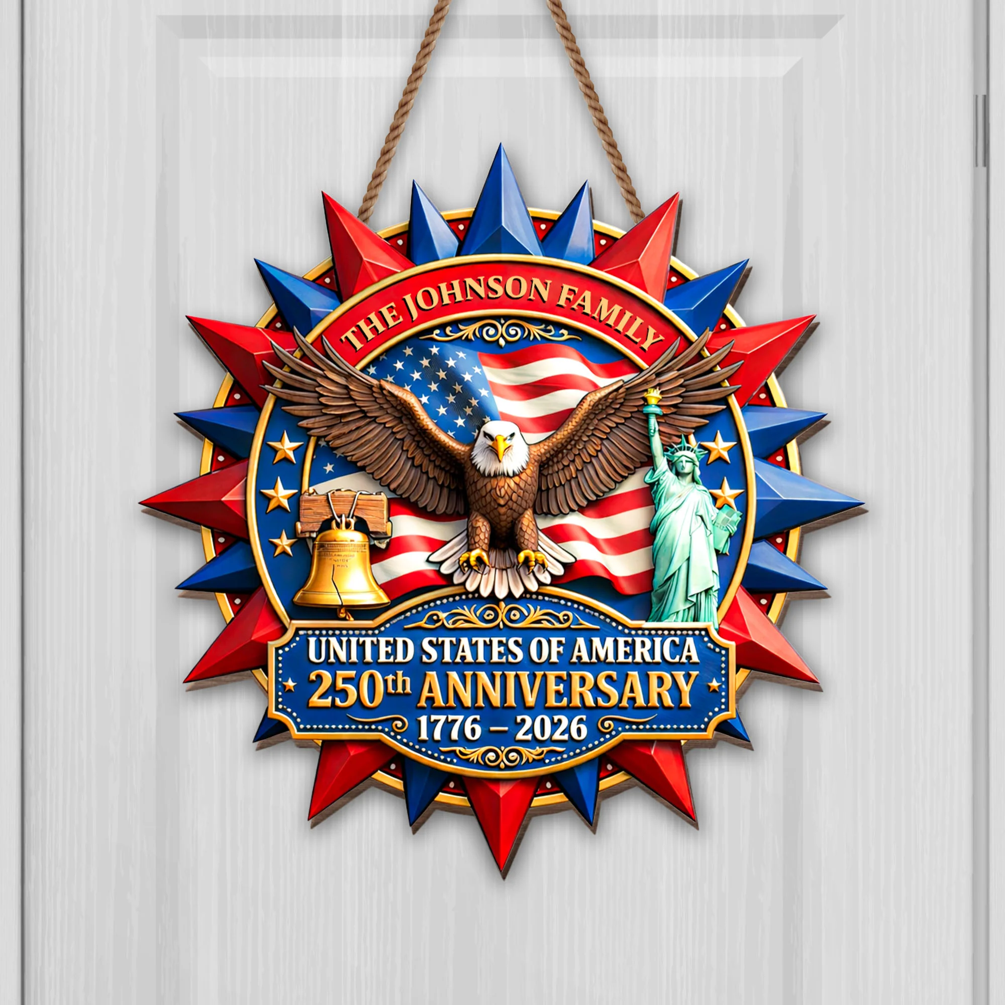United States Of America Anniversary Eagle Flag And Statue Of Liberty - Personalized Custom Shaped Wood Sign - INDE111_WSIGN