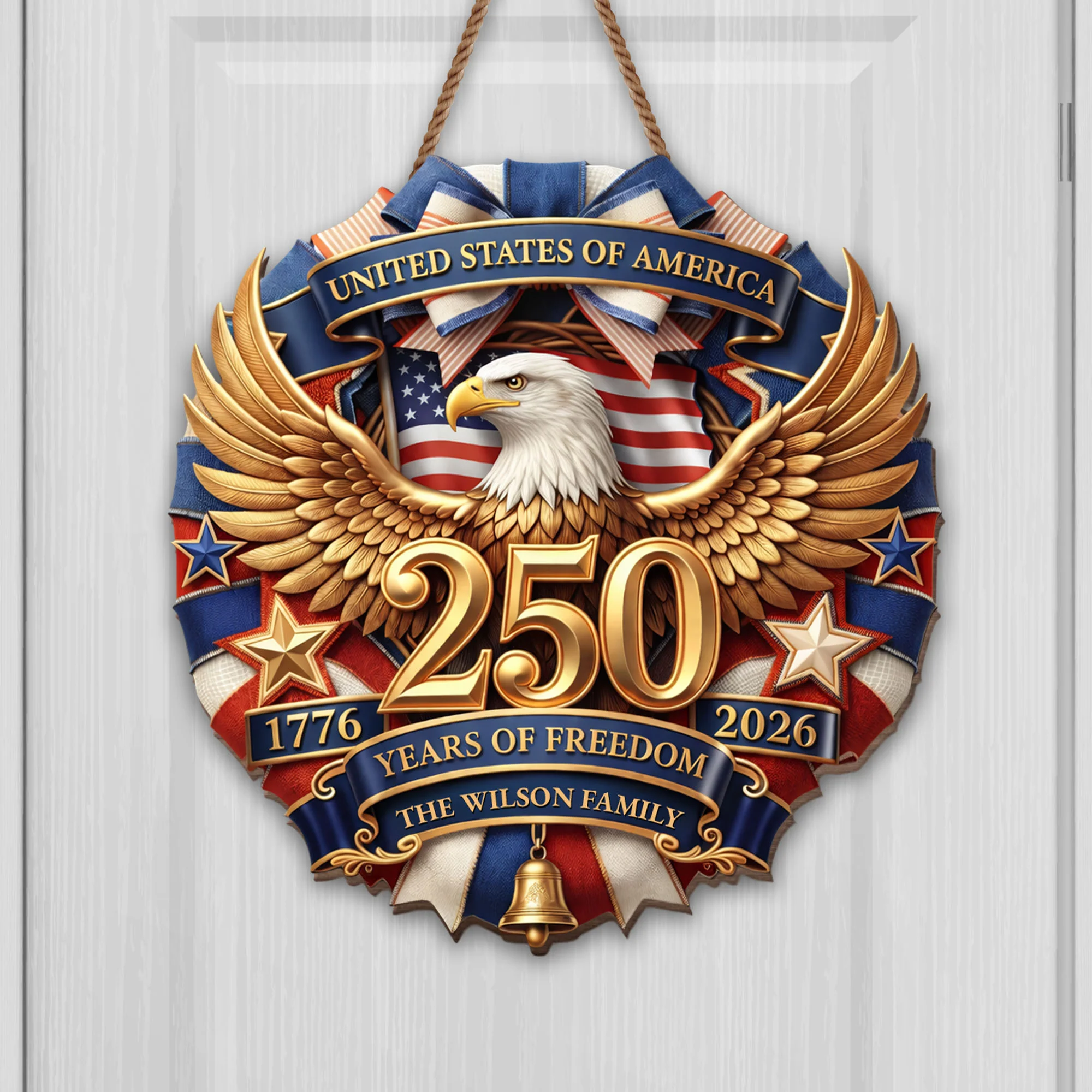 United States Of America Years Of Freedom Eagle And Flag Family Sign - Personalized Custom Shaped Wood Sign - INDE074_WSIGN