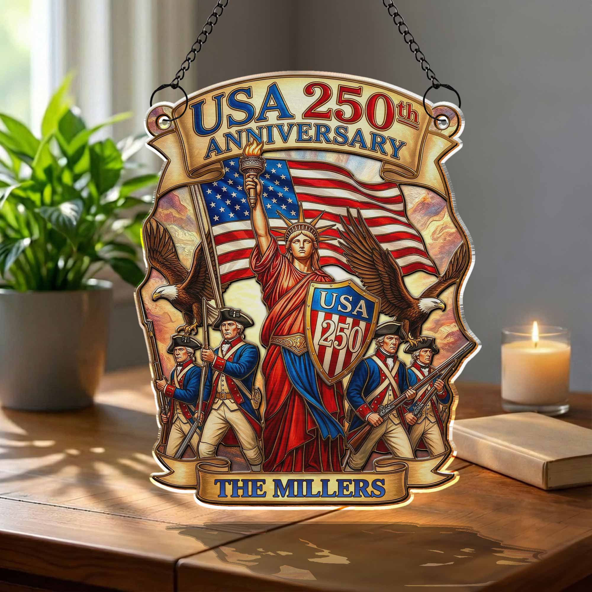 USA 250th Anniversary Patriotic Design With Statue Of Liberty And American Flag - Personalized Custom Suncatcher - INDE090_CSUN - Image 3