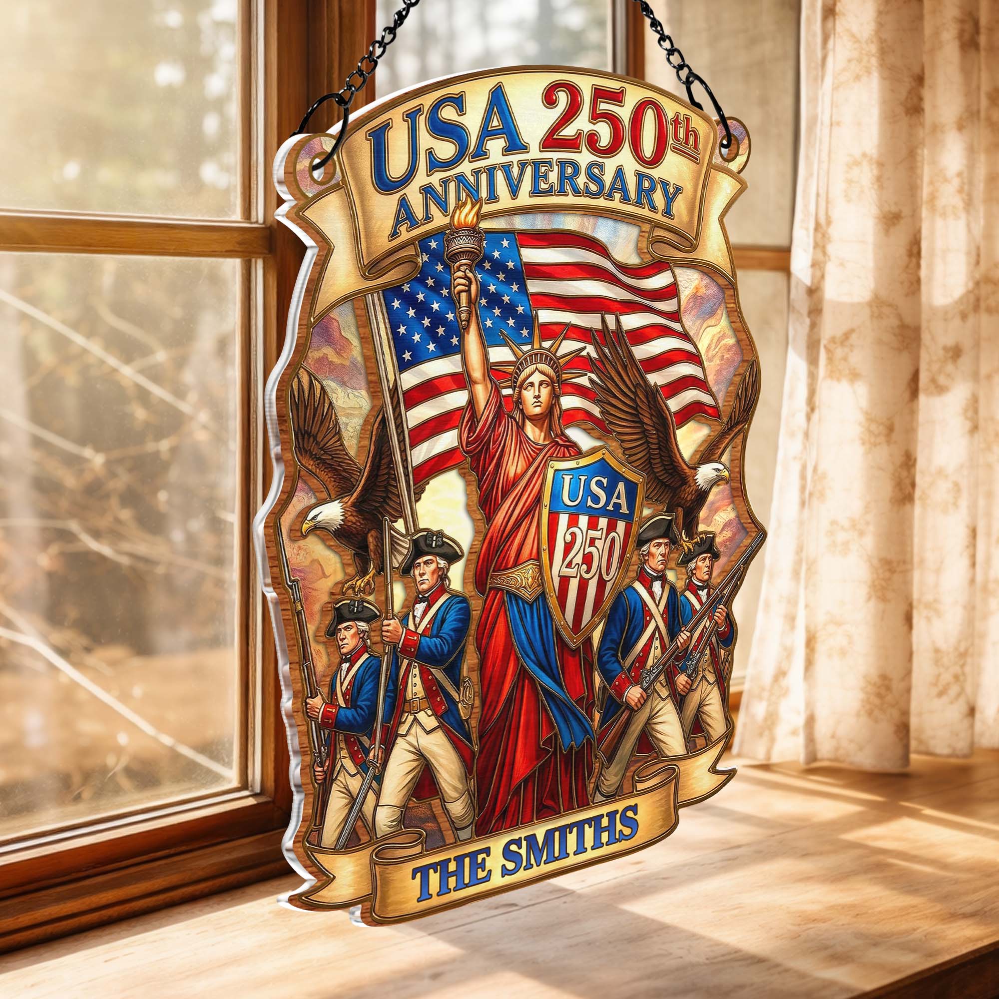 USA 250th Anniversary Patriotic Design With Statue Of Liberty And American Flag - Personalized Custom Suncatcher - INDE090_CSUN - Image 5