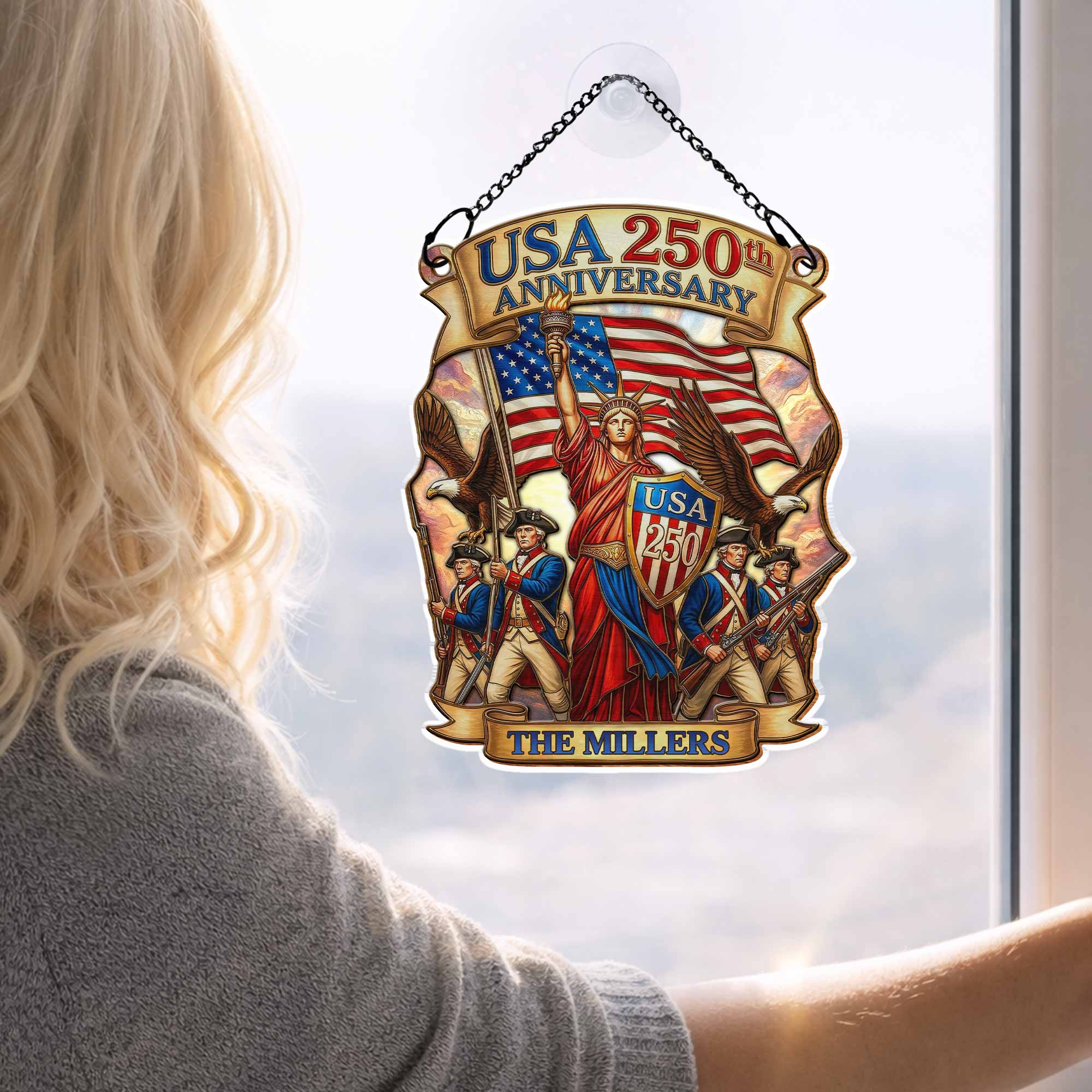 USA 250th Anniversary Patriotic Design With Statue Of Liberty And American Flag - Personalized Custom Suncatcher - INDE090_CSUN - Image 6