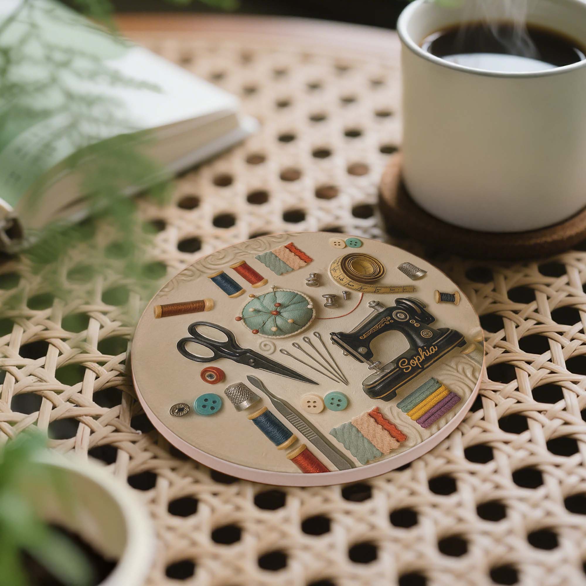Vintage Sewing Essentials And Tools For A Creative Soul With Sewing Machine - Personalized Custom Ceramic Coaster - JBS020_ROCO - Image 2